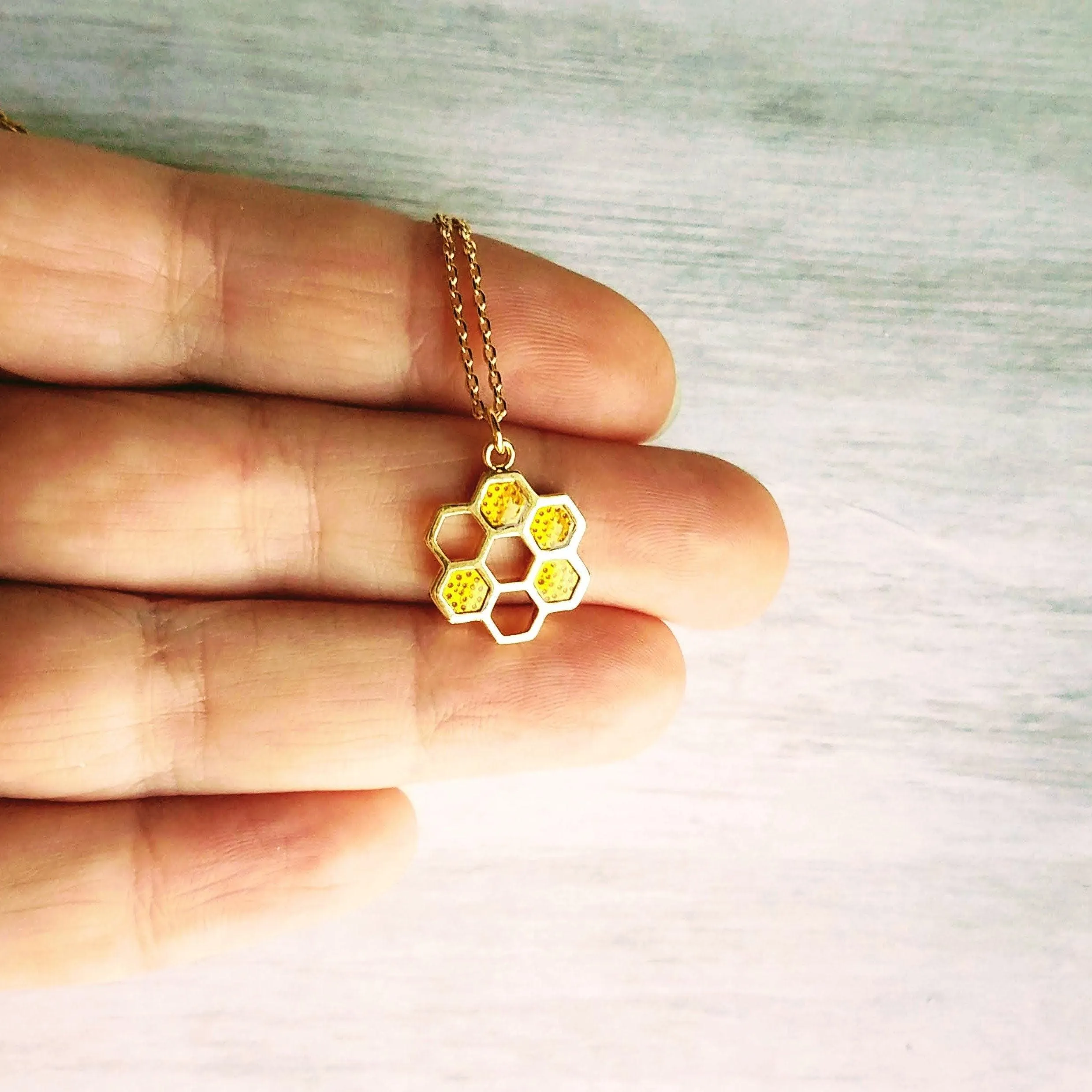 Honeycomb Necklace, small gold pendant, honeycomb pendant, bumblebee necklace, honey bee necklace, honeybee jewelry hive necklace gold chain