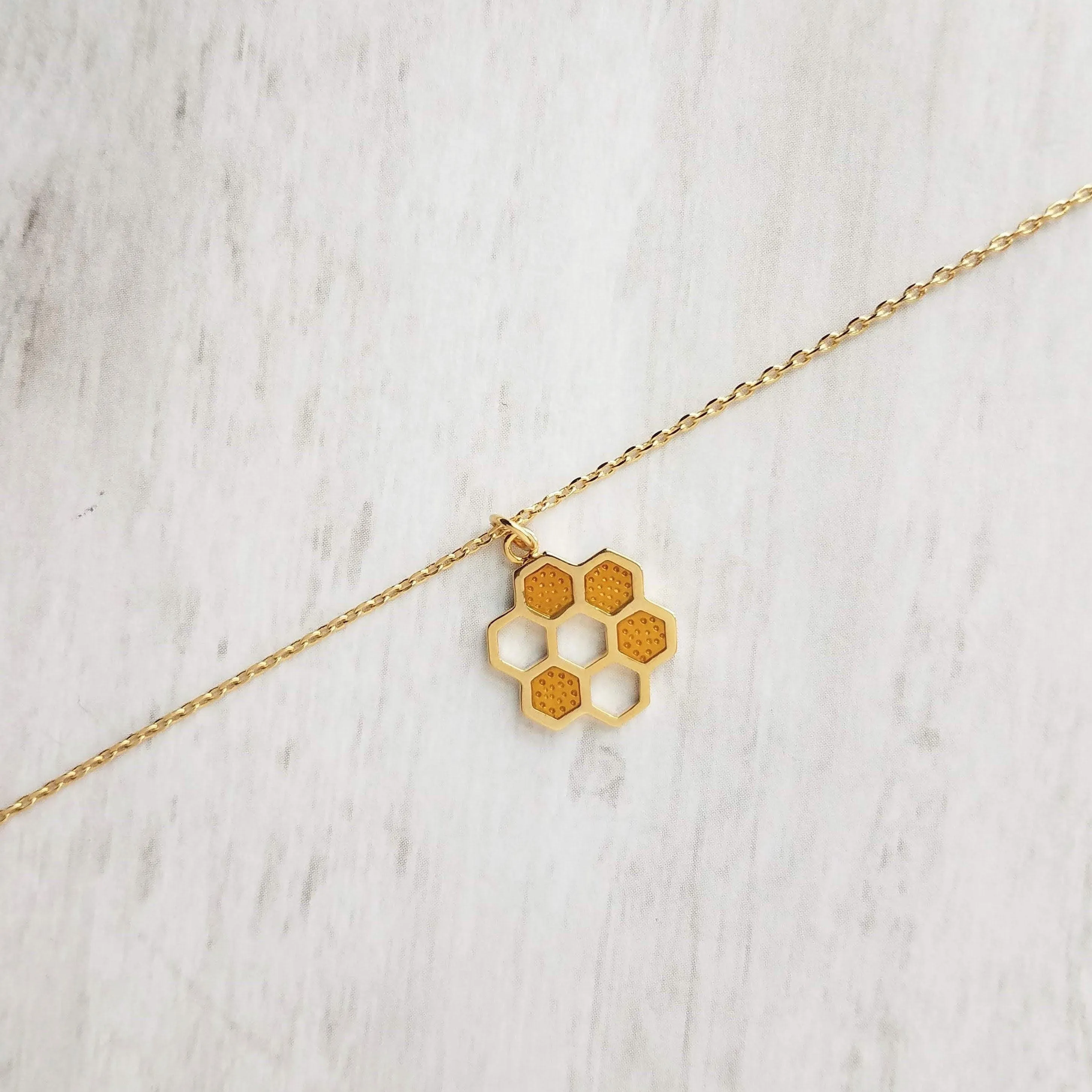 Honeycomb Necklace, small gold pendant, honeycomb pendant, bumblebee necklace, honey bee necklace, honeybee jewelry hive necklace gold chain