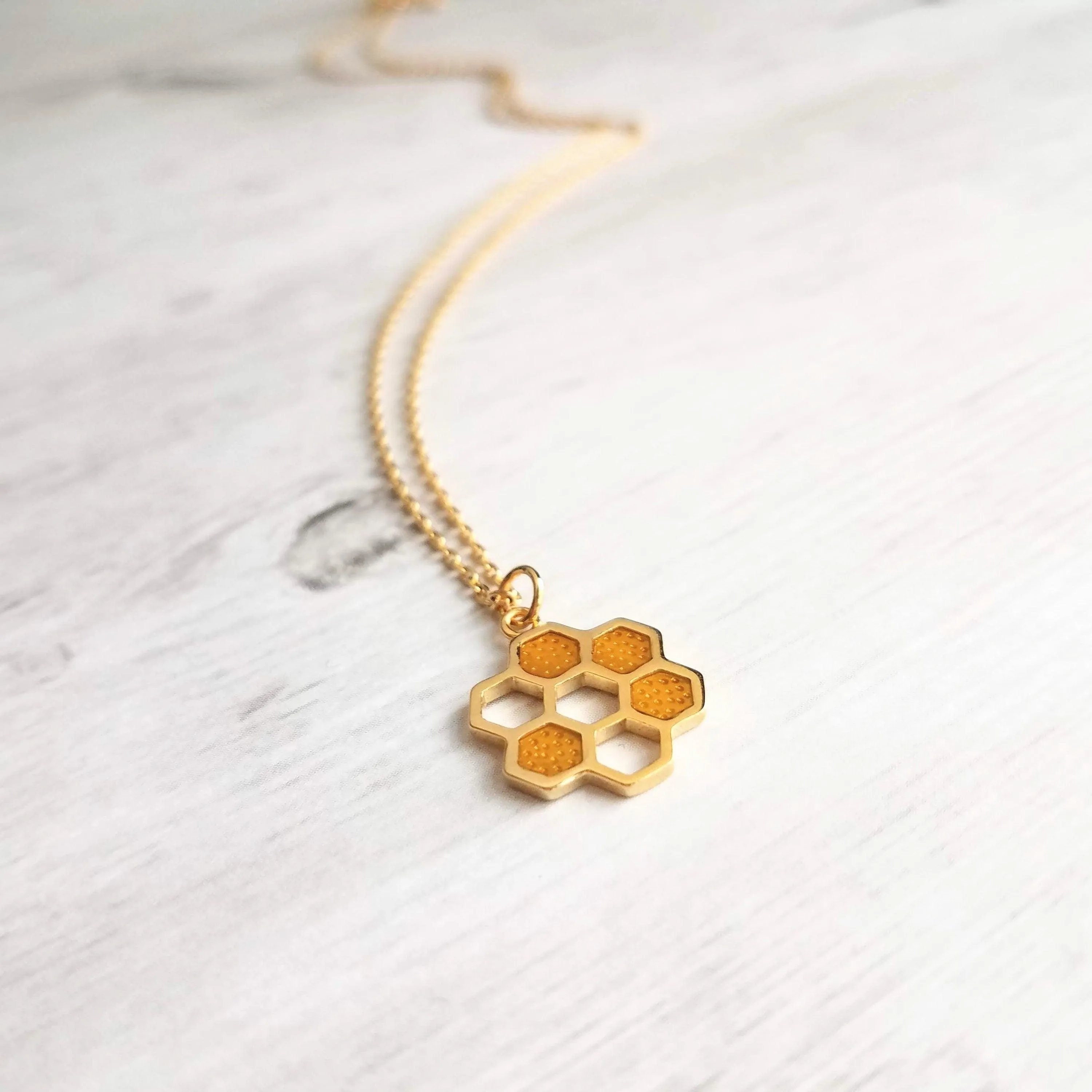 Honeycomb Necklace, small gold pendant, honeycomb pendant, bumblebee necklace, honey bee necklace, honeybee jewelry hive necklace gold chain