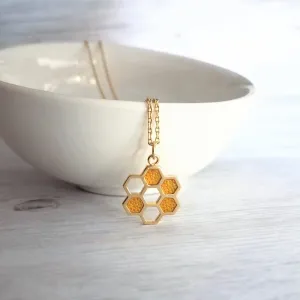 Honeycomb Necklace, small gold pendant, honeycomb pendant, bumblebee necklace, honey bee necklace, honeybee jewelry hive necklace gold chain