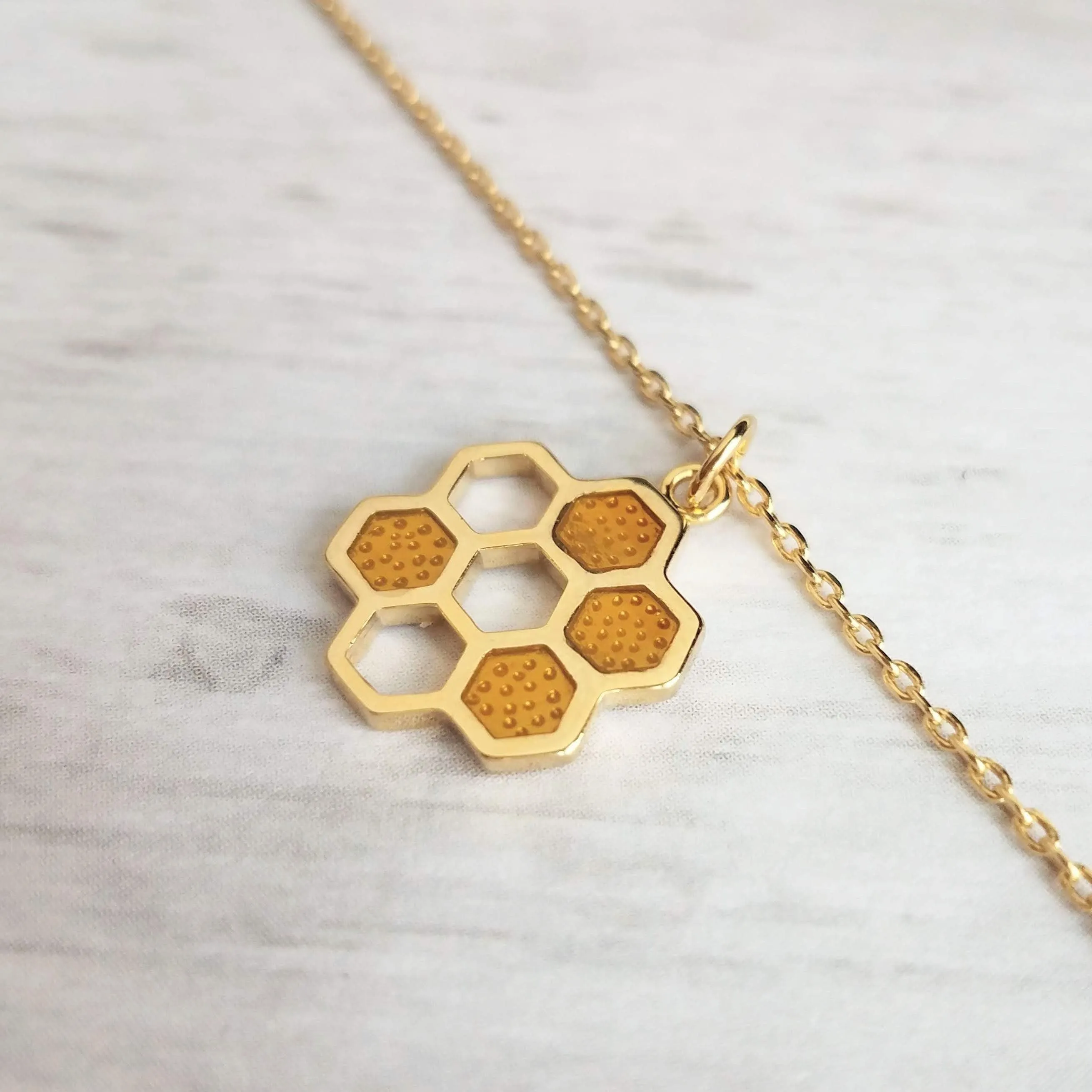 Honeycomb Necklace, small gold pendant, honeycomb pendant, bumblebee necklace, honey bee necklace, honeybee jewelry hive necklace gold chain