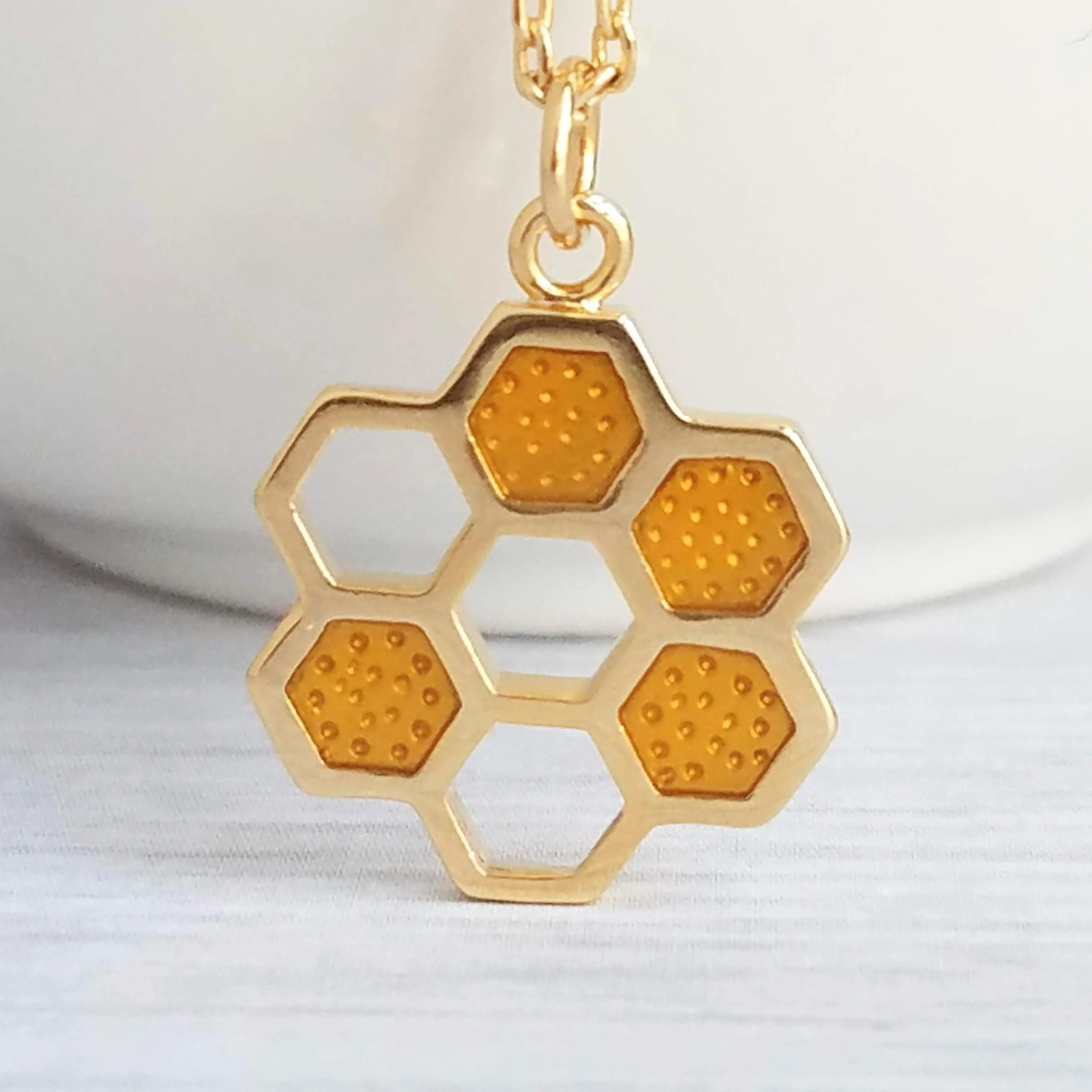 Honeycomb Necklace, small gold pendant, honeycomb pendant, bumblebee necklace, honey bee necklace, honeybee jewelry hive necklace gold chain