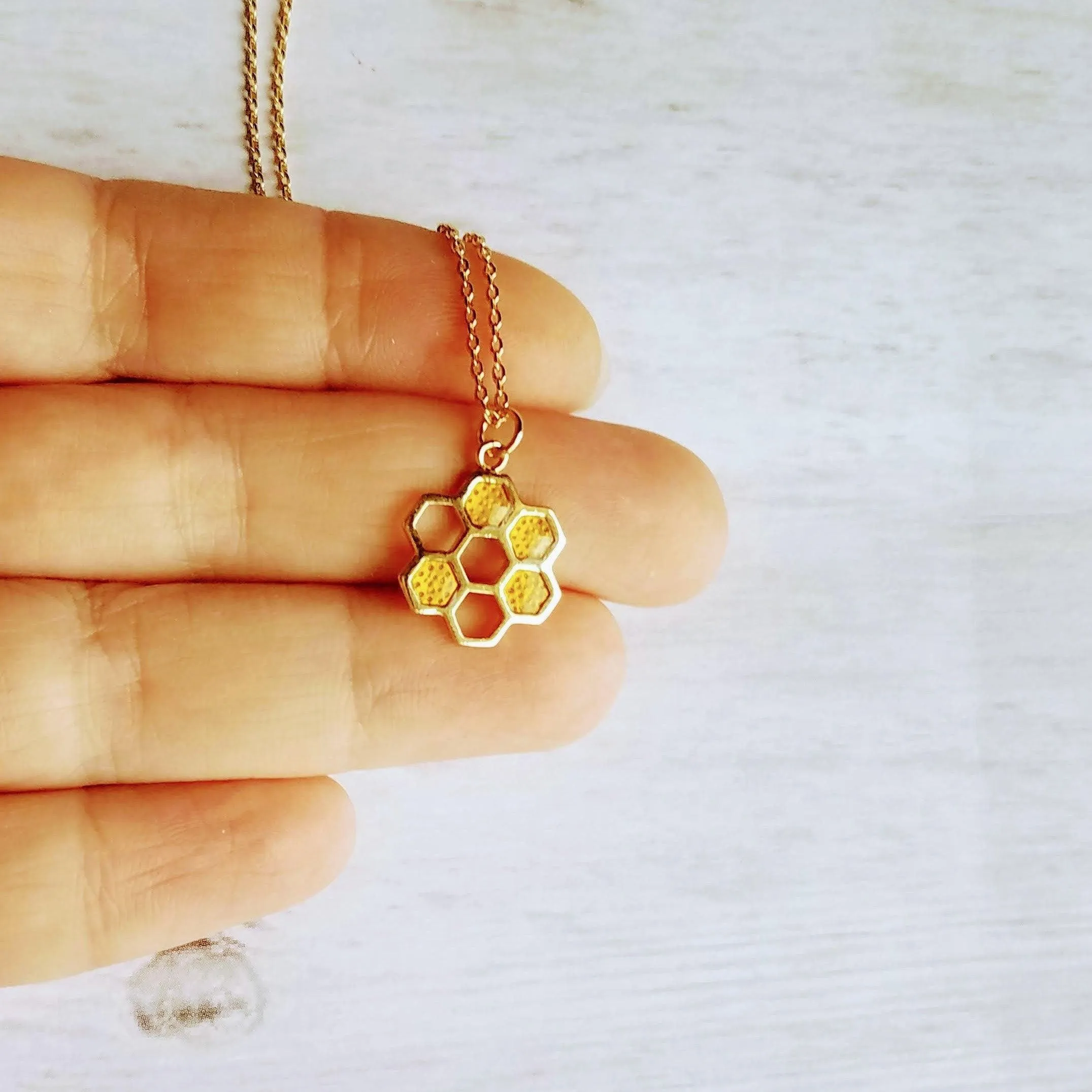Honeycomb Necklace, small gold pendant, honeycomb pendant, bumblebee necklace, honey bee necklace, honeybee jewelry hive necklace gold chain