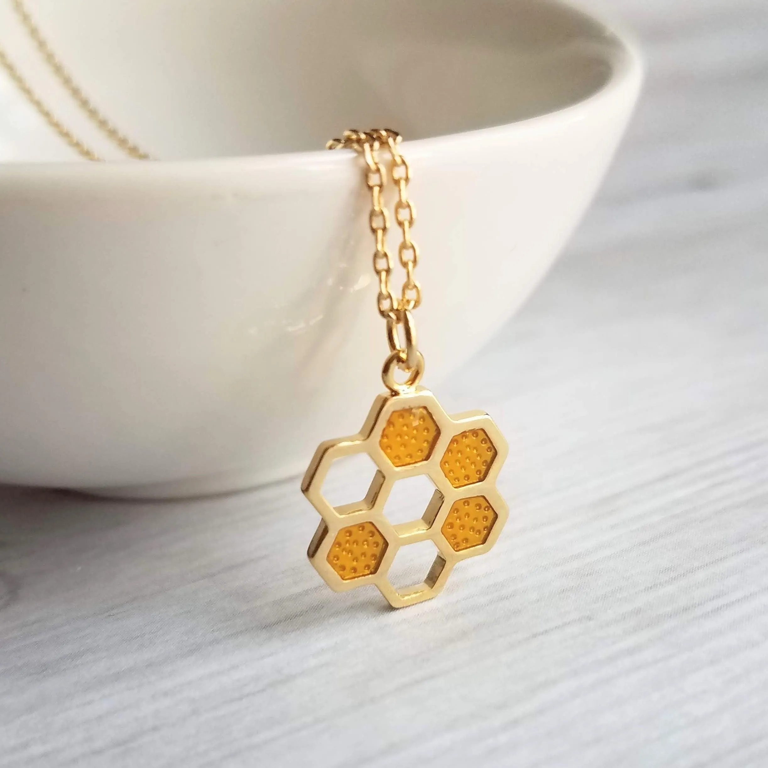 Honeycomb Necklace, small gold pendant, honeycomb pendant, bumblebee necklace, honey bee necklace, honeybee jewelry hive necklace gold chain