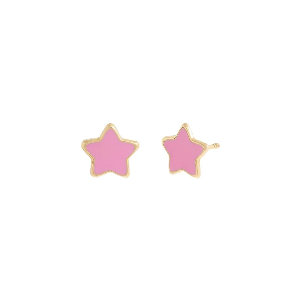 Kids Pink Enamel Star Stud Earring 14K