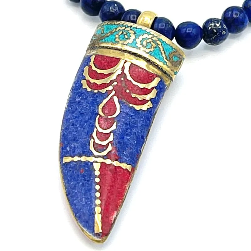 Lapis Brass Horn Pendant Mala Necklace