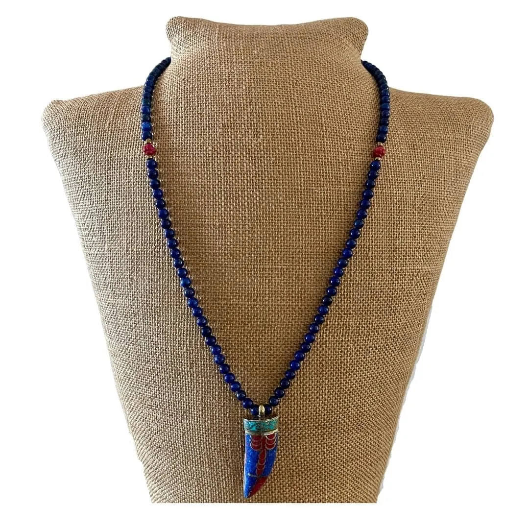 Lapis Brass Horn Pendant Mala Necklace