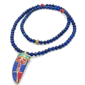 Lapis Brass Horn Pendant Mala Necklace