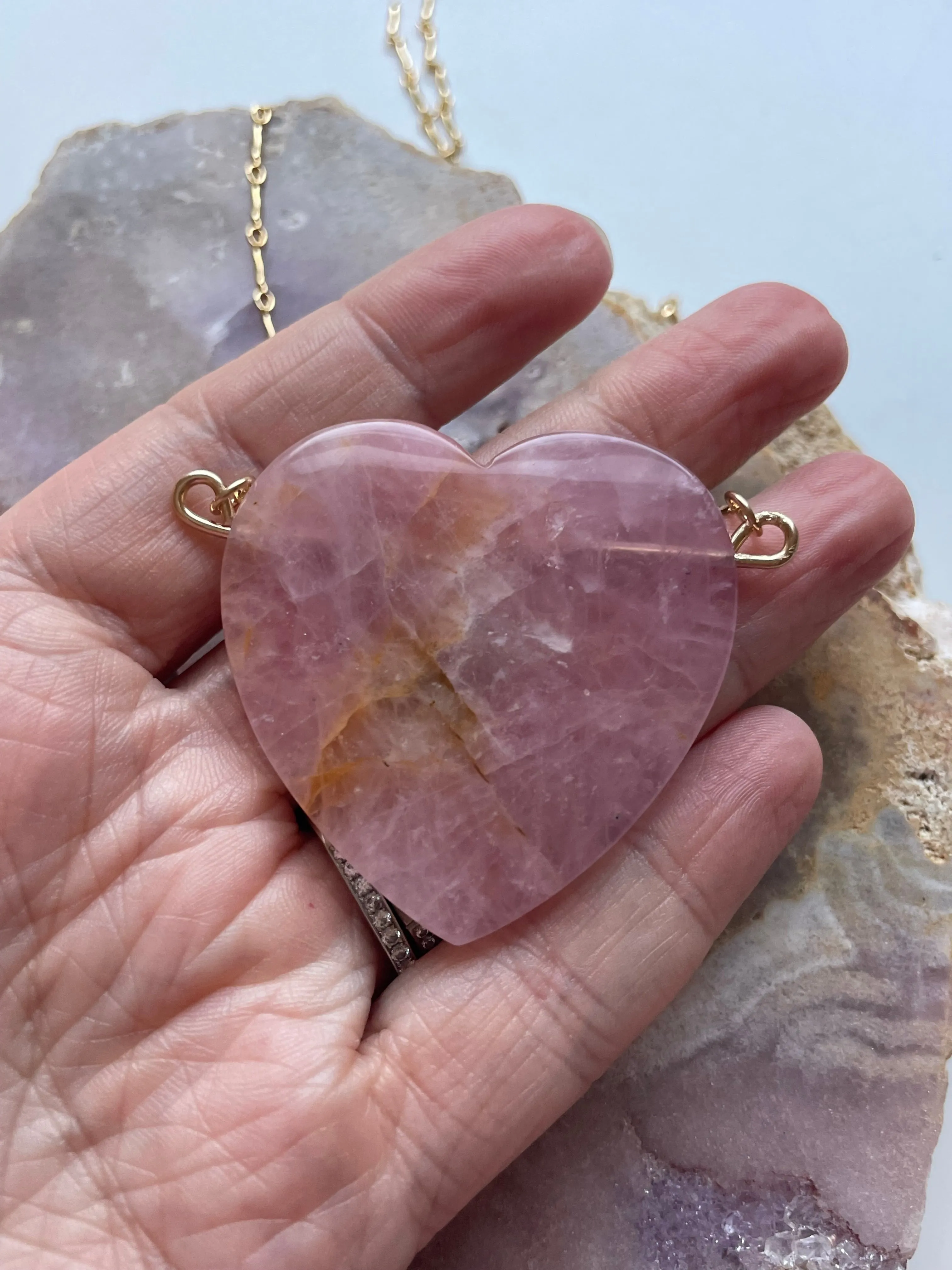 Large Rose Quartz Heart Necklace Gold Fill