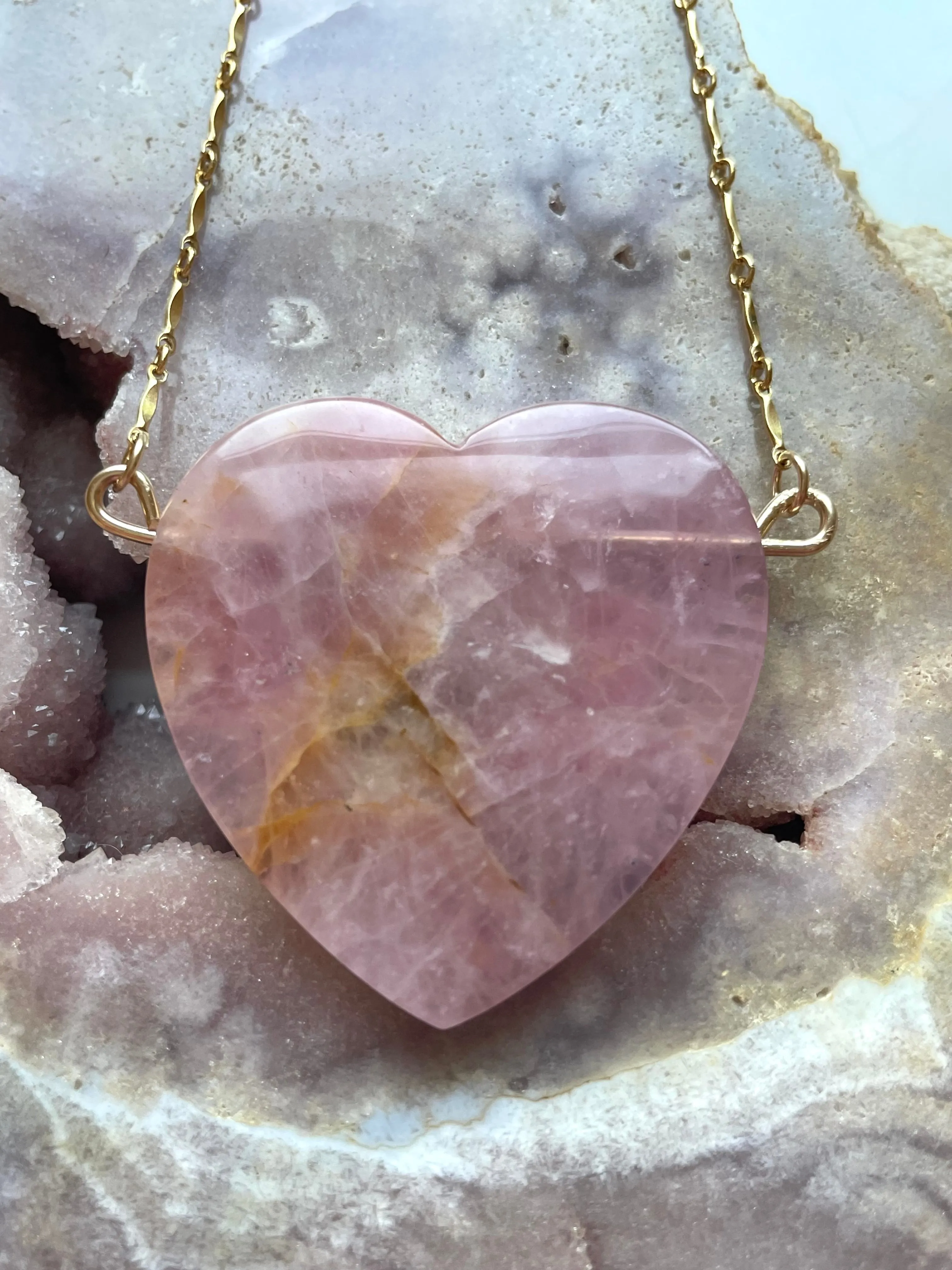 Large Rose Quartz Heart Necklace Gold Fill