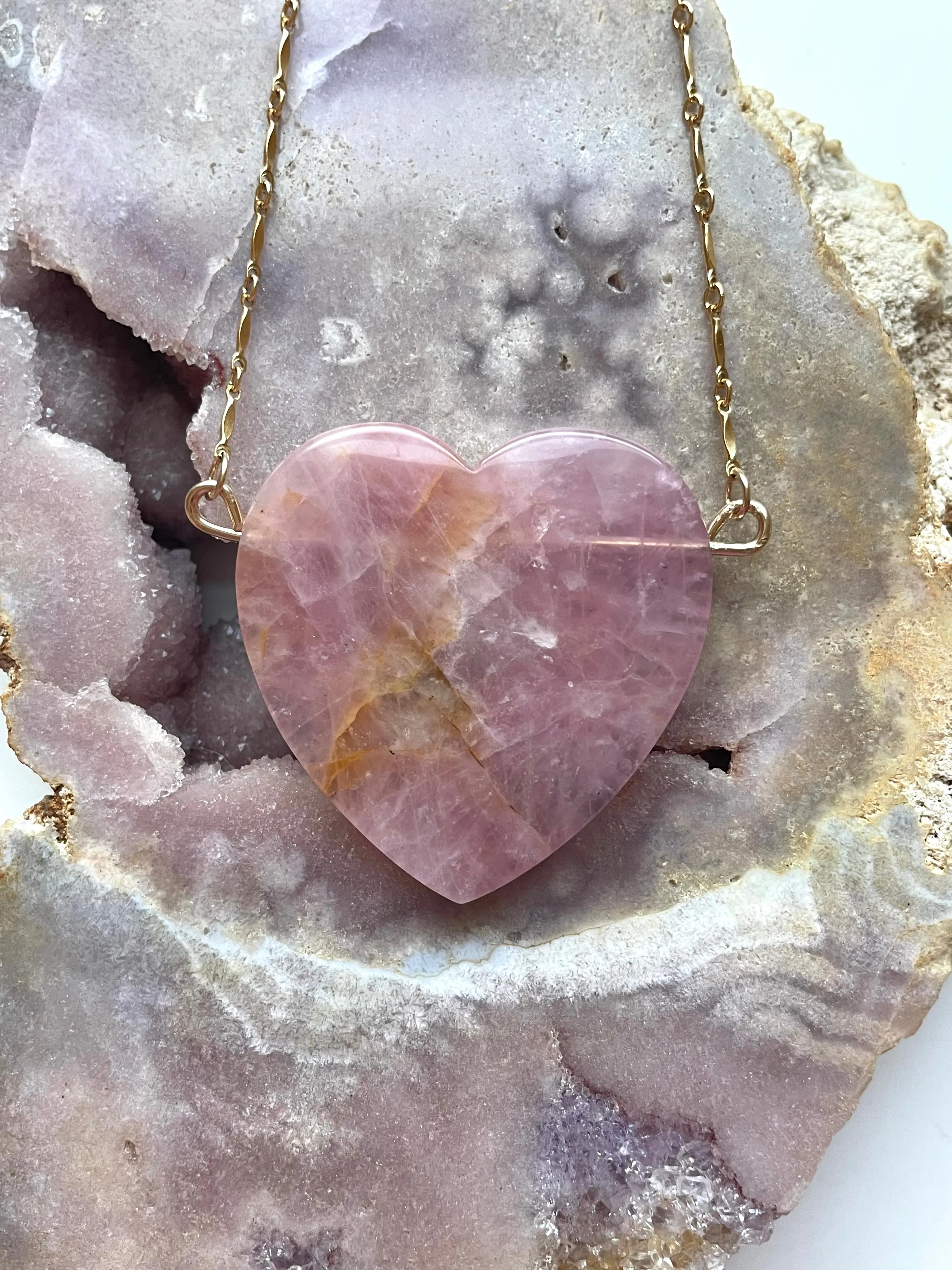 Large Rose Quartz Heart Necklace Gold Fill