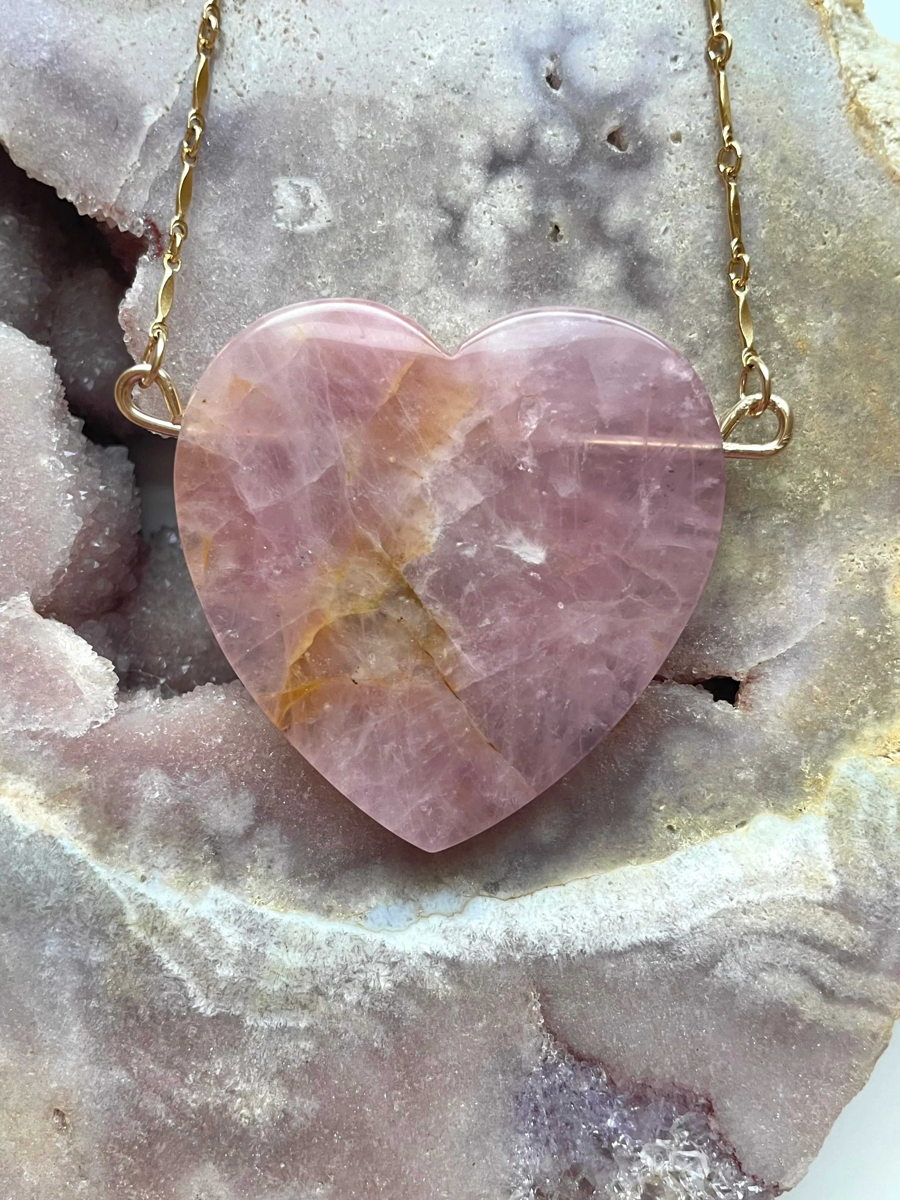 Large Rose Quartz Heart Necklace Gold Fill
