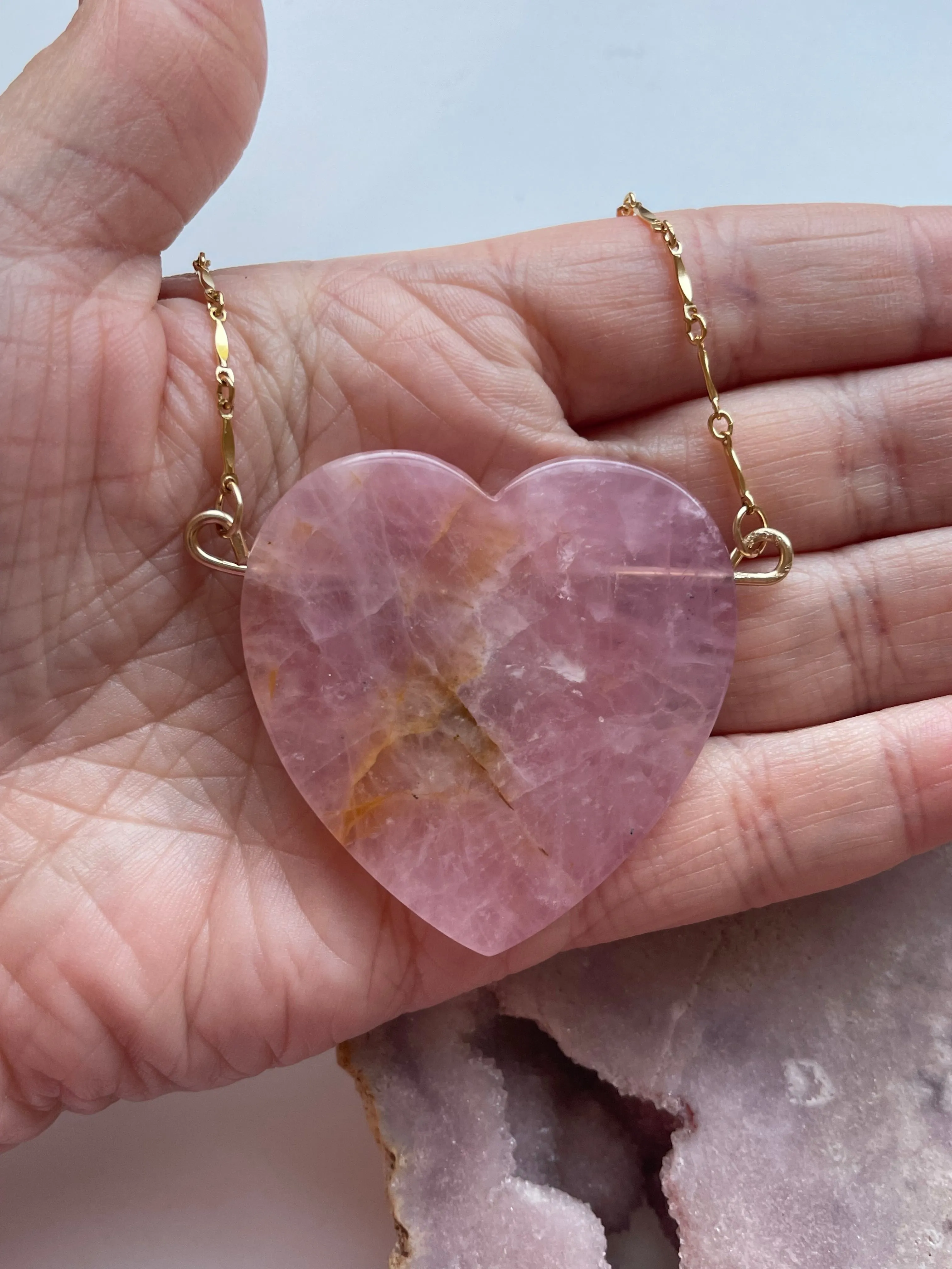 Large Rose Quartz Heart Necklace Gold Fill