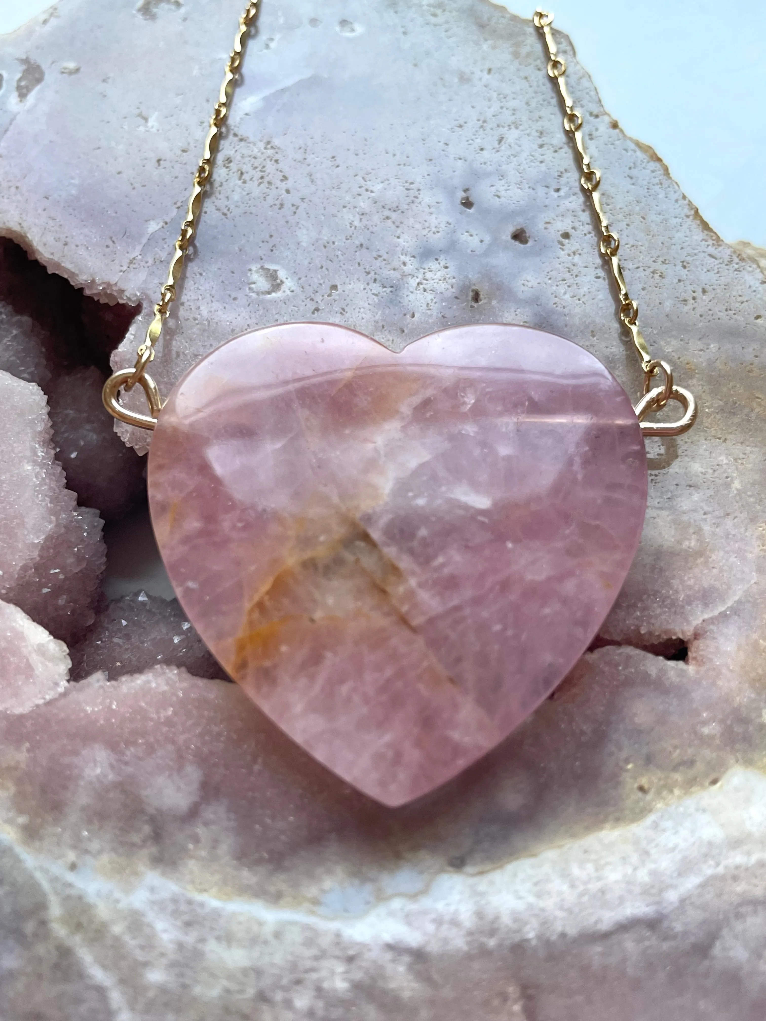 Large Rose Quartz Heart Necklace Gold Fill