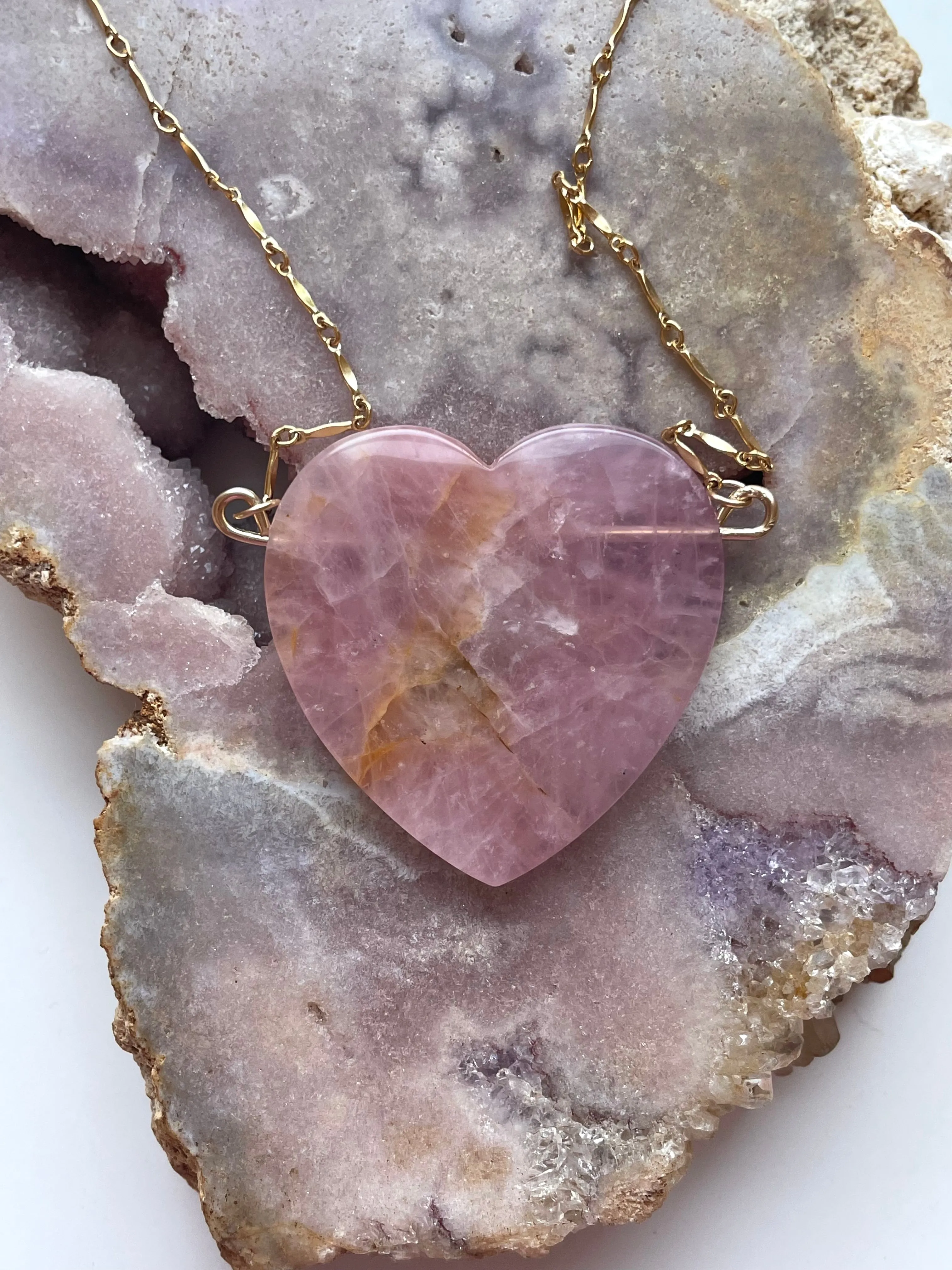 Large Rose Quartz Heart Necklace Gold Fill