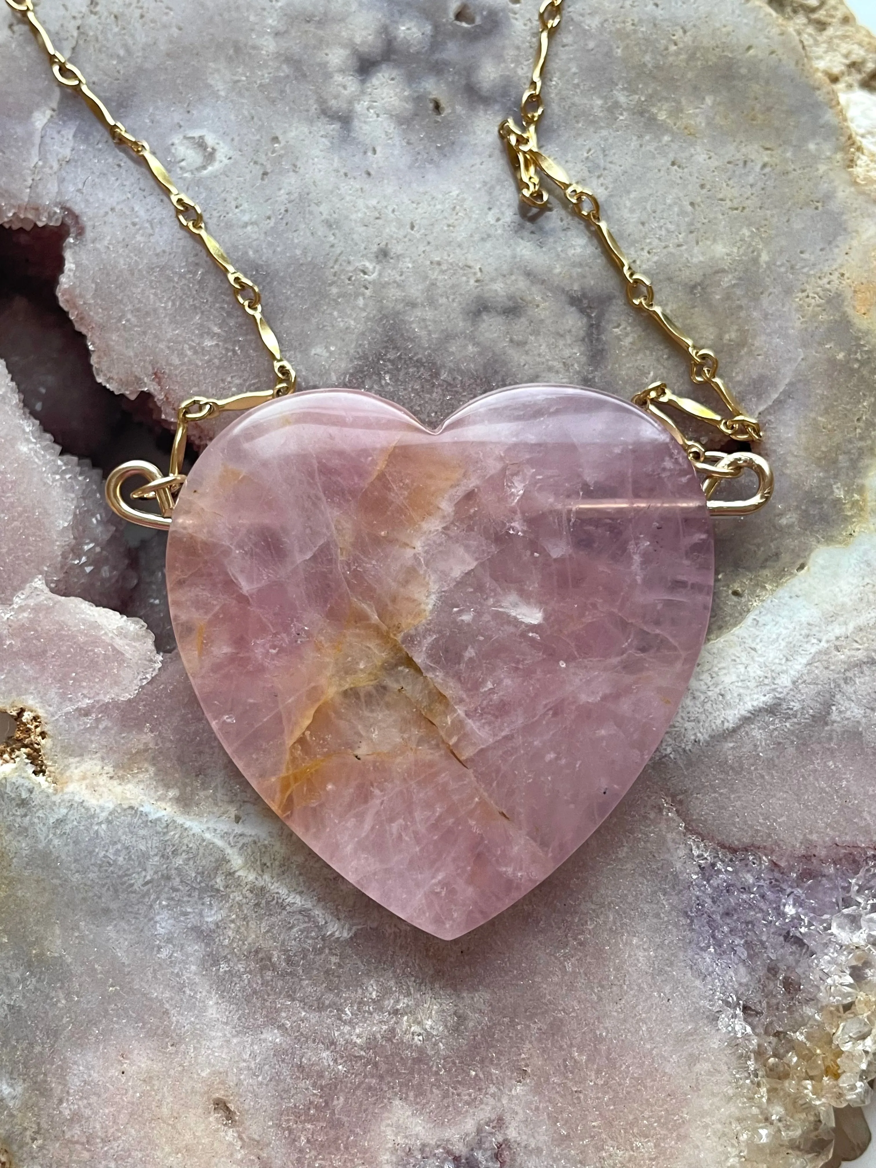 Large Rose Quartz Heart Necklace Gold Fill