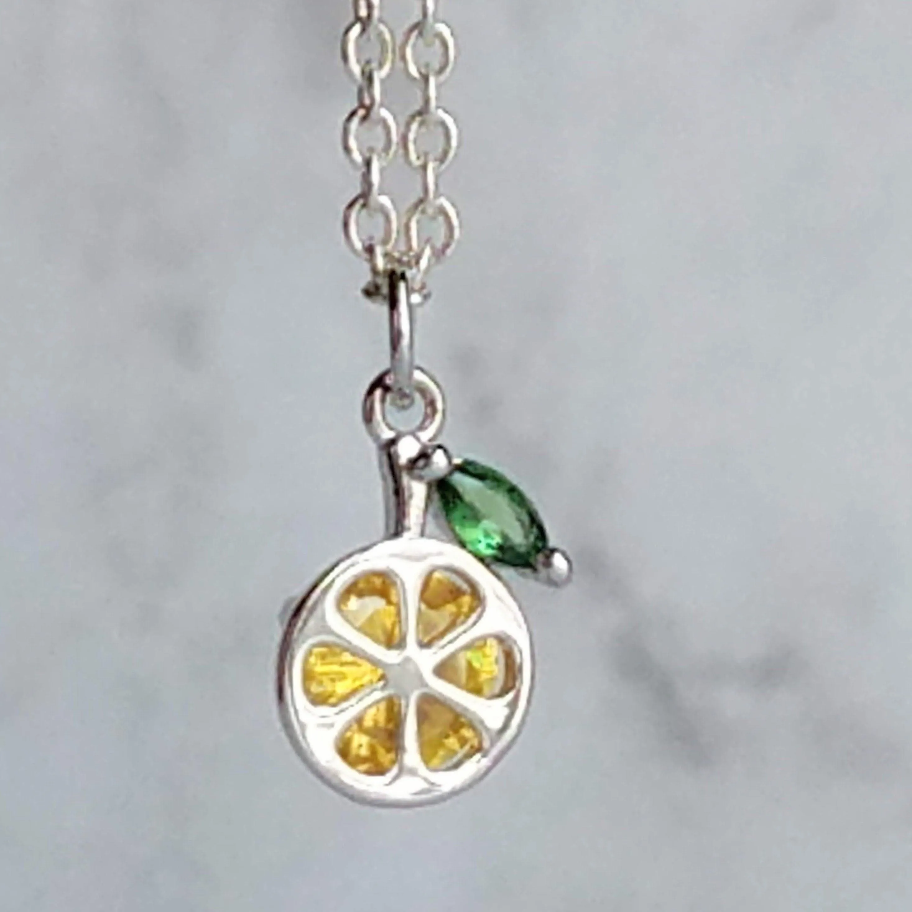 Lemon Necklace, small crystal lemon, lemon charm, fruit necklace, citrus fruit, silver lemon pendant, delicate silver chain, tiny pendant
