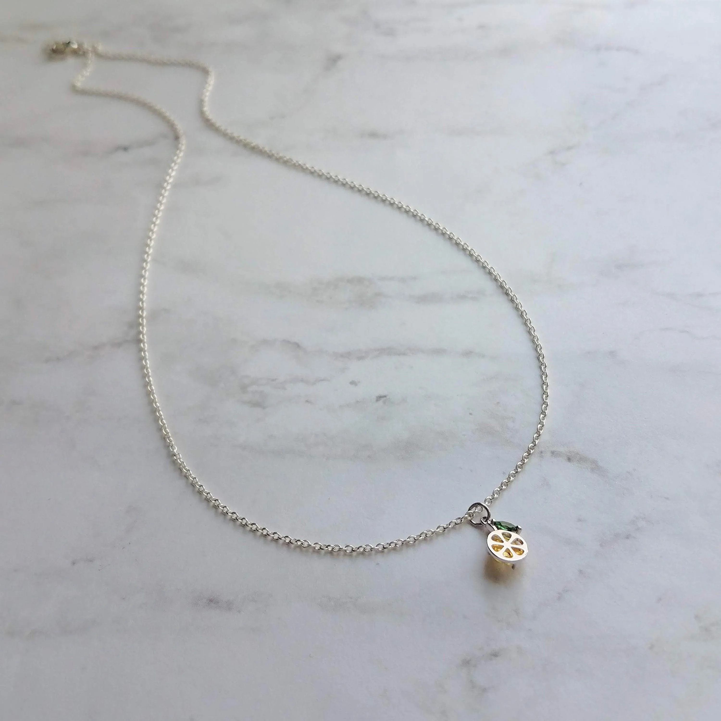Lemon Necklace, small crystal lemon, lemon charm, fruit necklace, citrus fruit, silver lemon pendant, delicate silver chain, tiny pendant
