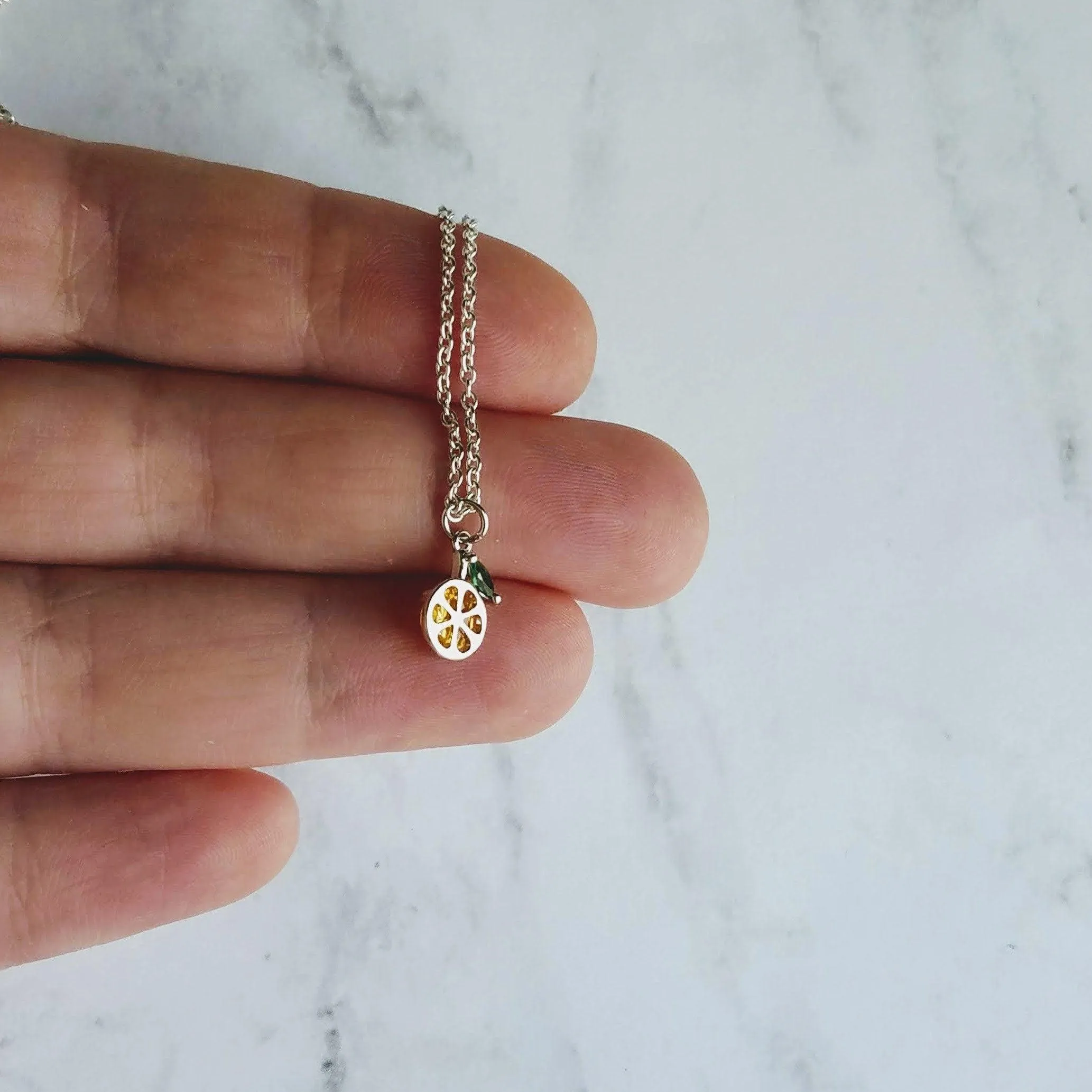 Lemon Necklace, small crystal lemon, lemon charm, fruit necklace, citrus fruit, silver lemon pendant, delicate silver chain, tiny pendant
