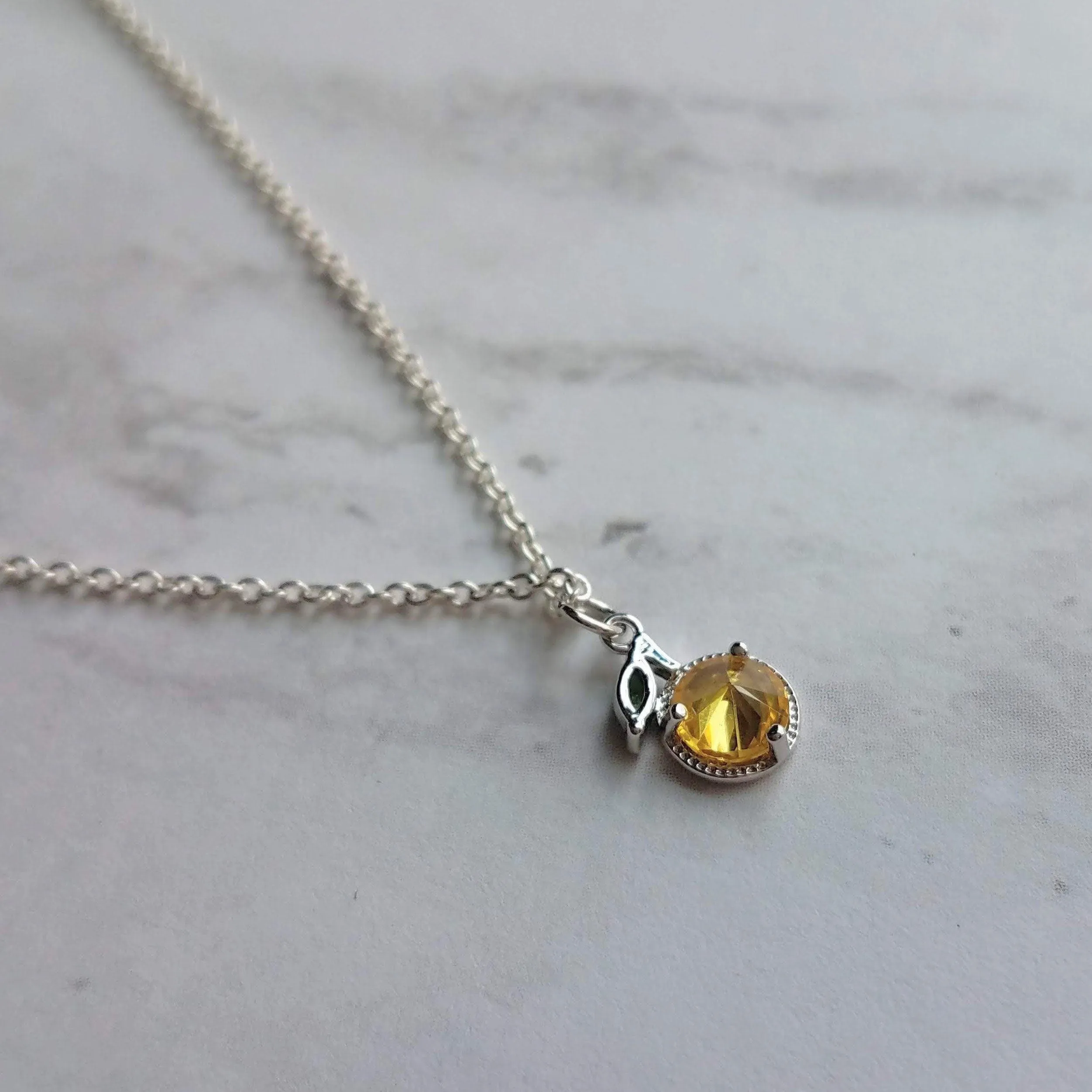 Lemon Necklace, small crystal lemon, lemon charm, fruit necklace, citrus fruit, silver lemon pendant, delicate silver chain, tiny pendant