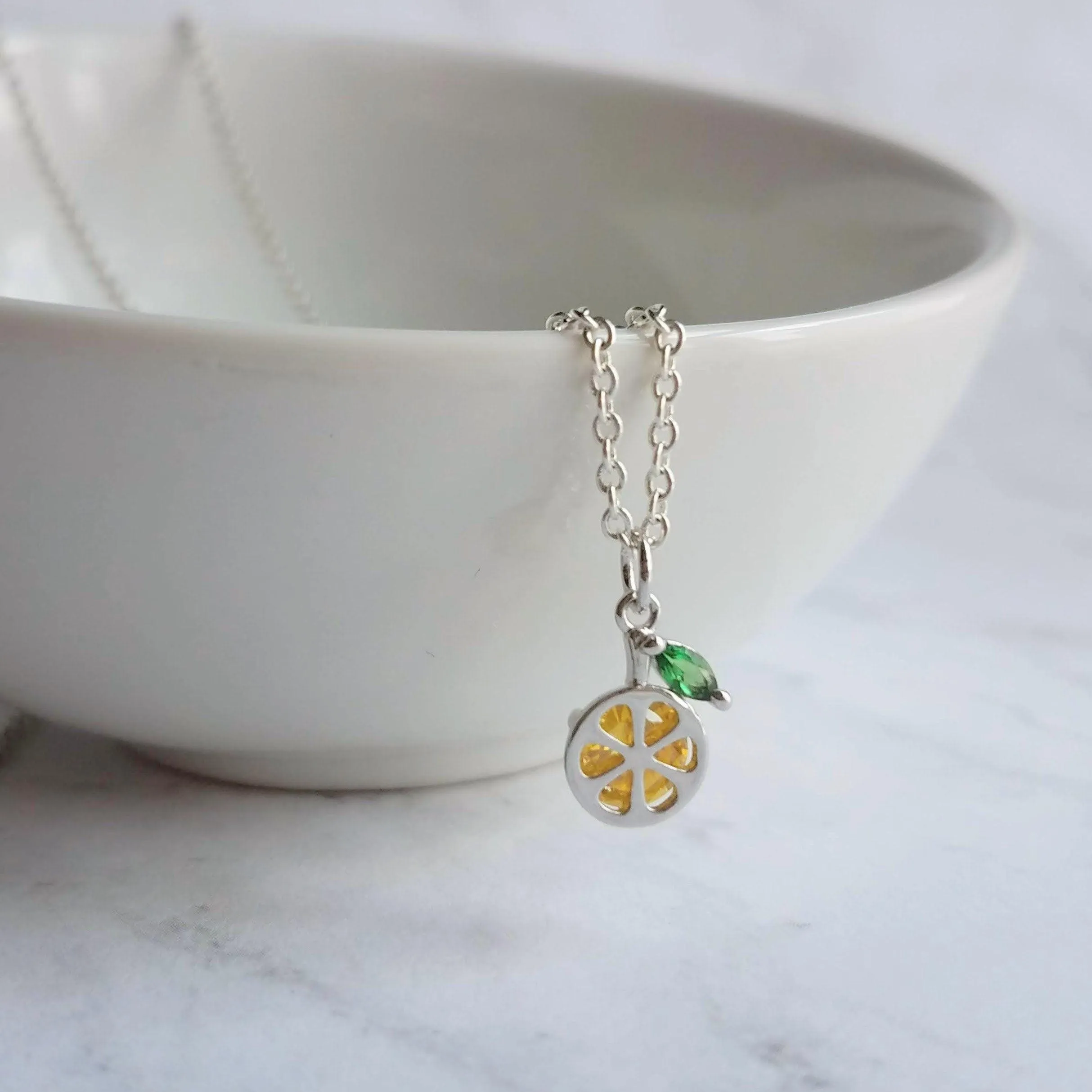 Lemon Necklace, small crystal lemon, lemon charm, fruit necklace, citrus fruit, silver lemon pendant, delicate silver chain, tiny pendant