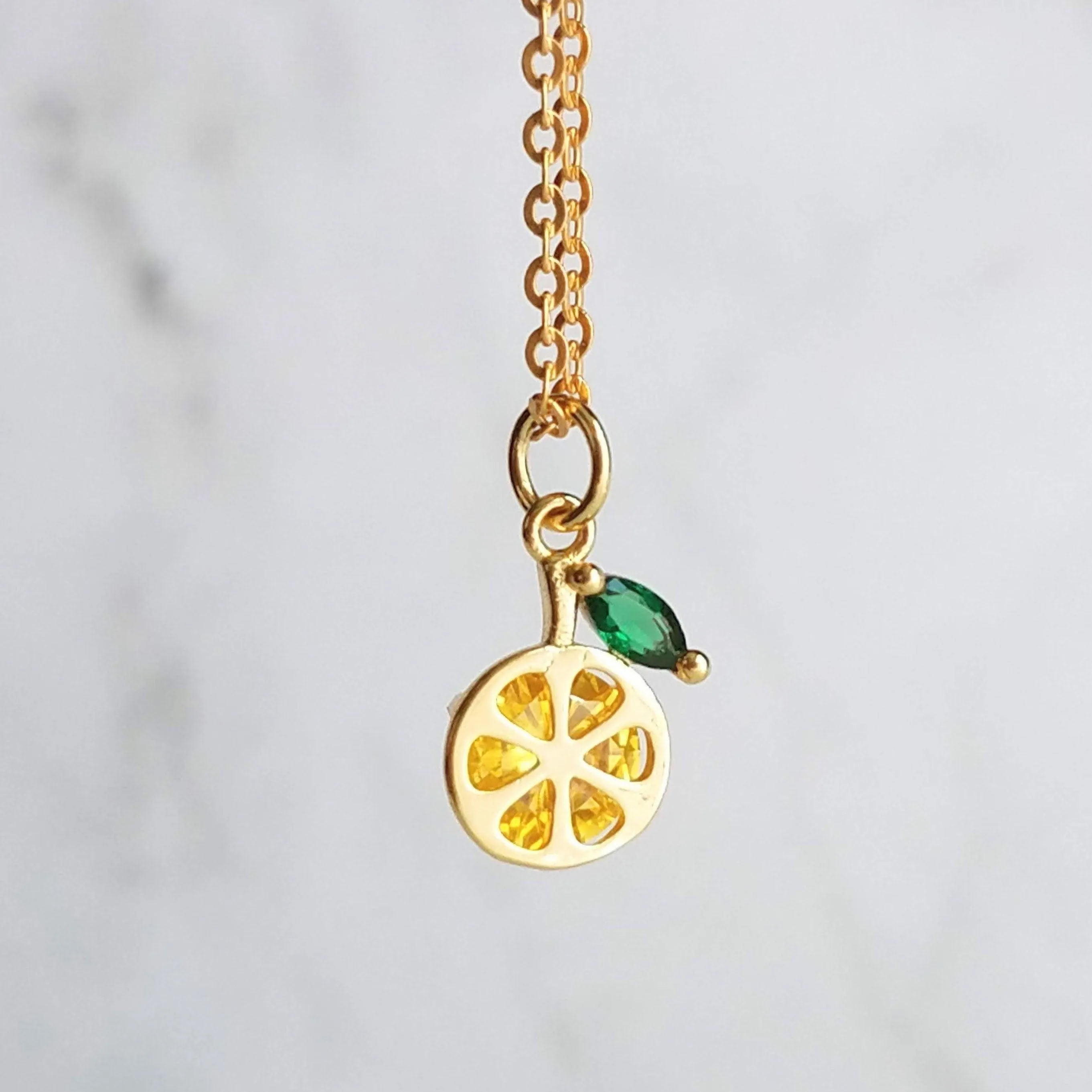 Lemon Necklace, small crystal lemon, lemon charm, fruit necklace, citrus fruit, silver lemon pendant, delicate silver chain, tiny pendant