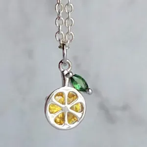 Lemon Necklace, small crystal lemon, lemon charm, fruit necklace, citrus fruit, silver lemon pendant, delicate silver chain, tiny pendant