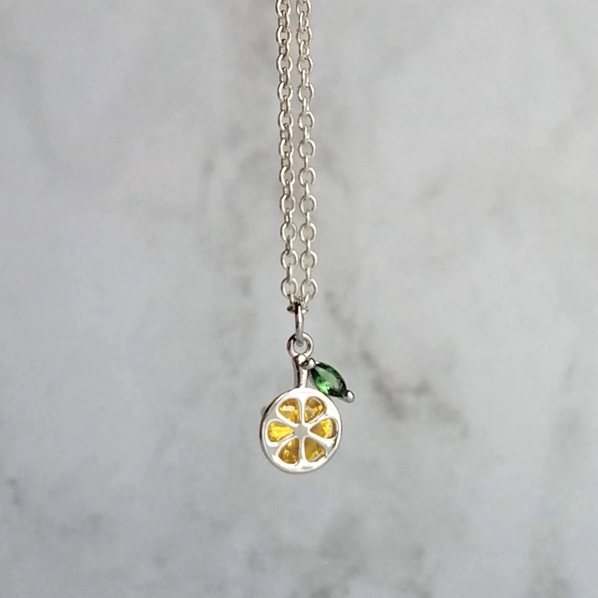Lemon Necklace, small crystal lemon, lemon charm, fruit necklace, citrus fruit, silver lemon pendant, delicate silver chain, tiny pendant