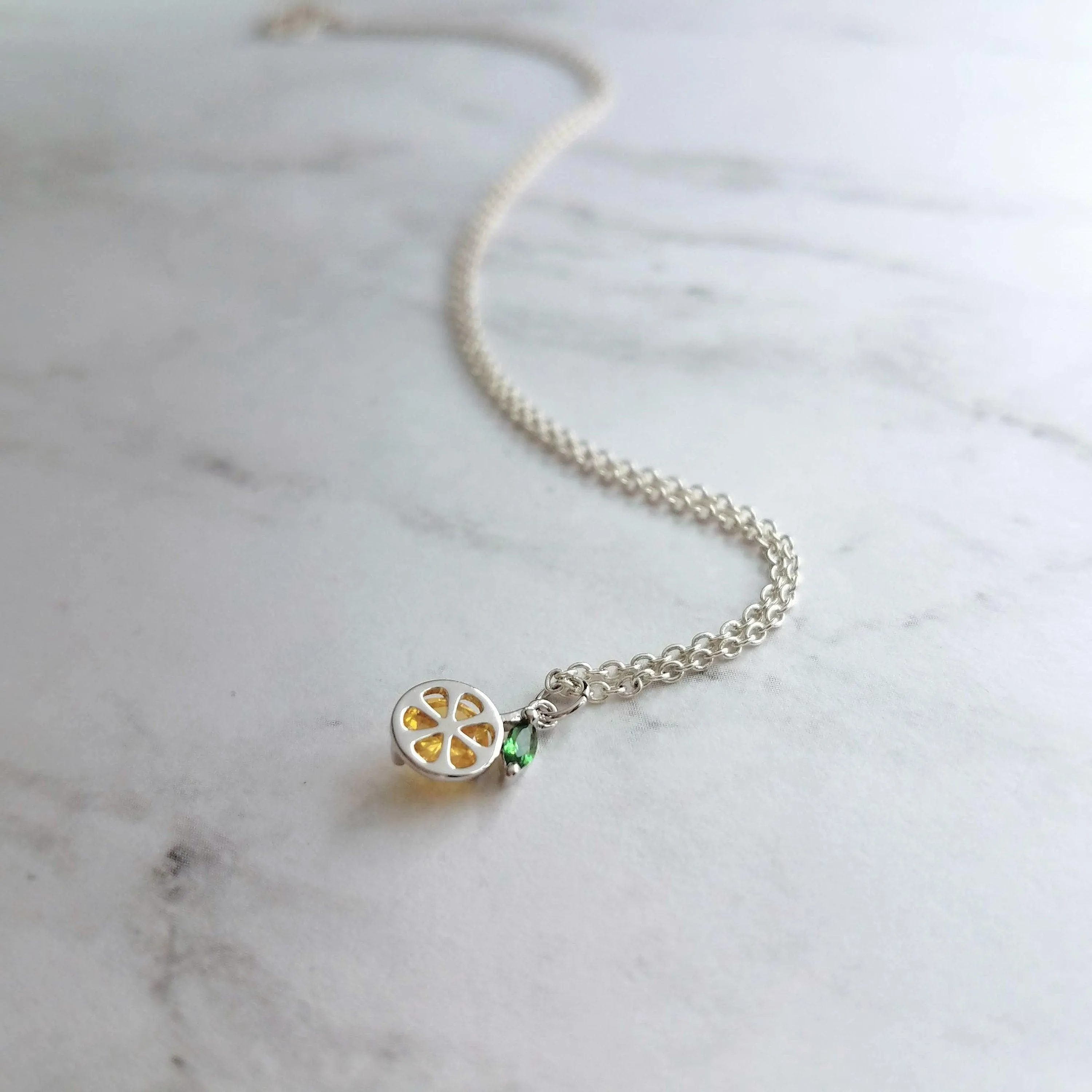 Lemon Necklace, small crystal lemon, lemon charm, fruit necklace, citrus fruit, silver lemon pendant, delicate silver chain, tiny pendant