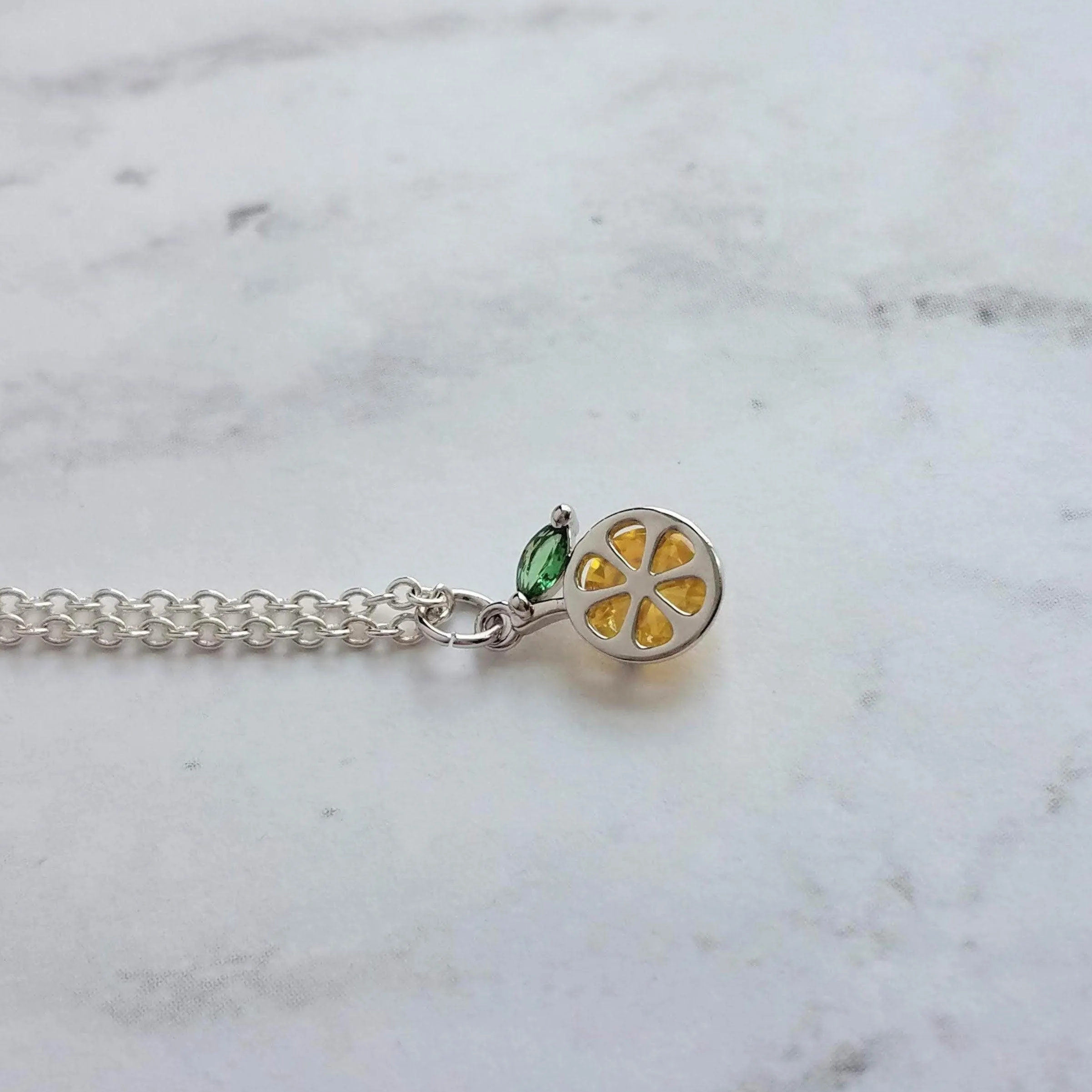 Lemon Necklace, small crystal lemon, lemon charm, fruit necklace, citrus fruit, silver lemon pendant, delicate silver chain, tiny pendant