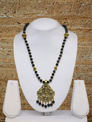 Long Mangalsutra Designs Gold Plated Latest Big Crystal Black Beads Chain Laxmi Pendant Oxidized 28 Inches Mangalsutra