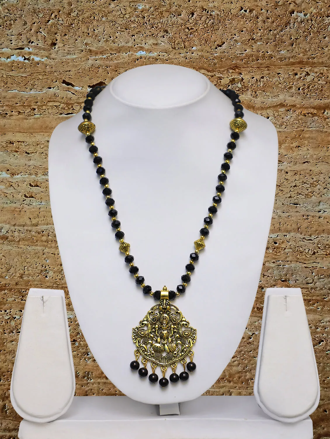 Long Mangalsutra Designs Gold Plated Latest Big Crystal Black Beads Chain Laxmi Pendant Oxidized 28 Inches Mangalsutra