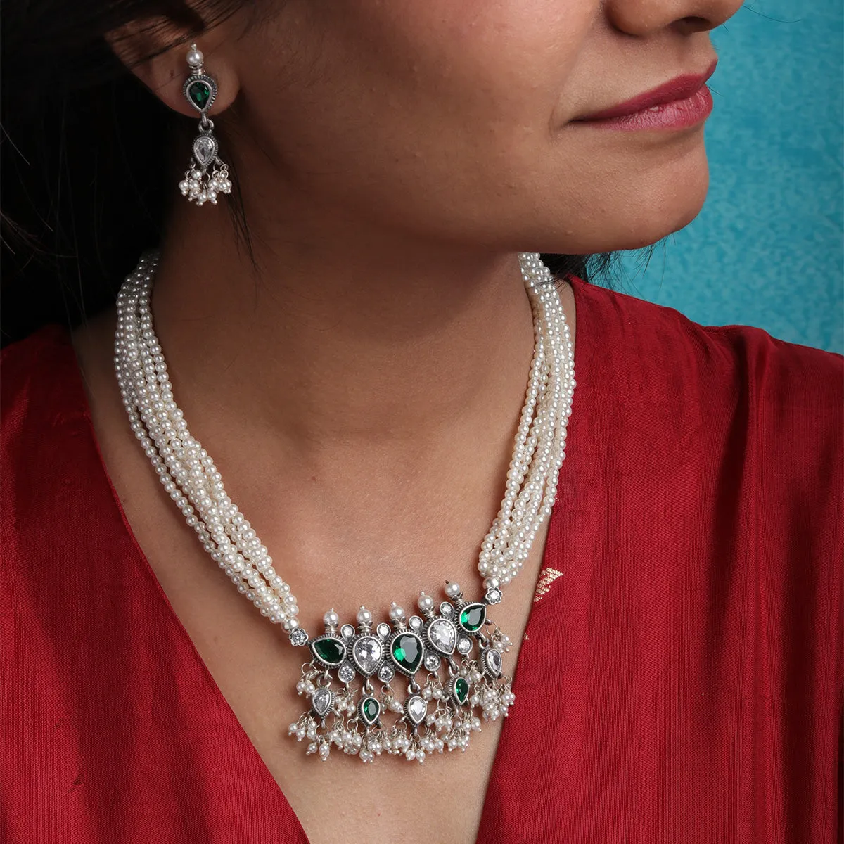 Maharashtrian Tanmani Silver Necklace (Green & White) by Moha