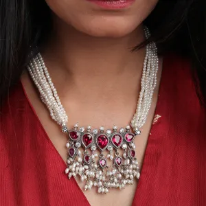 Maharashtrian Tanmani Silver Necklace (Pink) by Moha