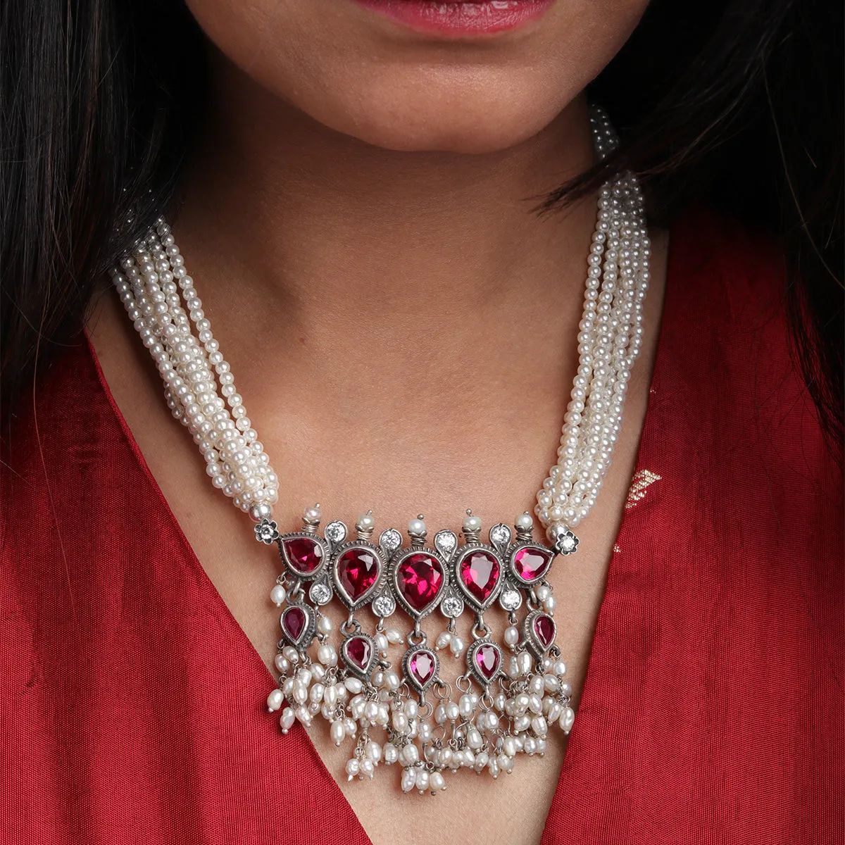 Maharashtrian Tanmani Silver Necklace (Pink) by Moha
