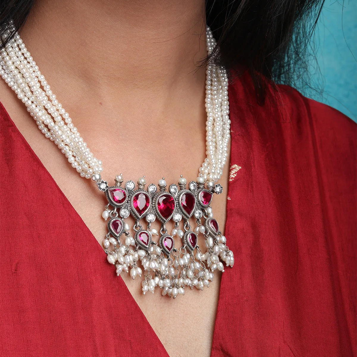 Maharashtrian Tanmani Silver Necklace (Pink) by Moha