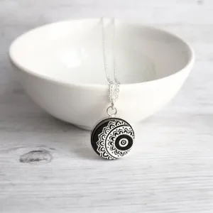Mandala Necklace, black white necklace, mandala pendant, etched wood, yoga pendant, Hindu necklace, Buddhist, meditation symbol silver chain