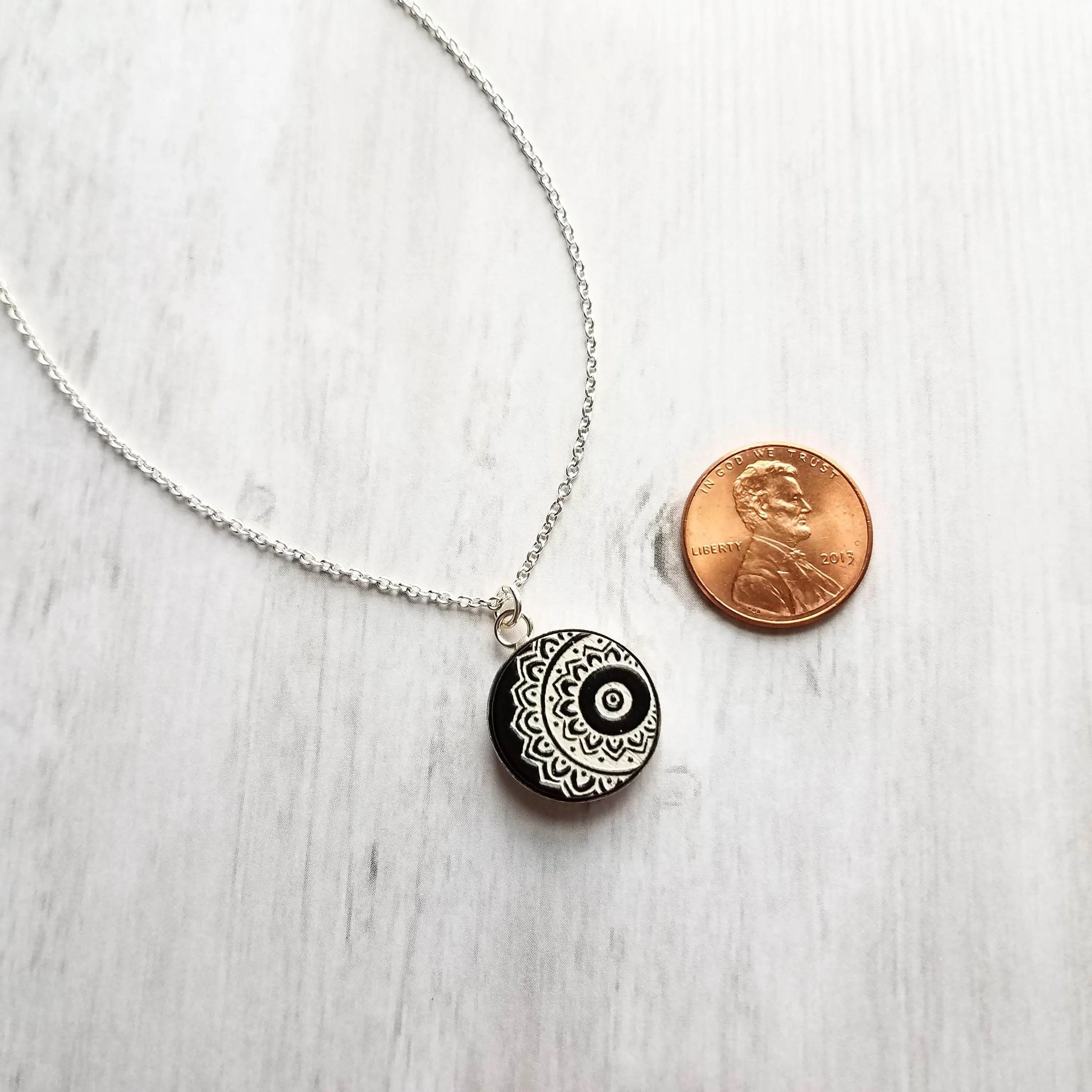 Mandala Necklace, black white necklace, mandala pendant, etched wood, yoga pendant, Hindu necklace, Buddhist, meditation symbol silver chain