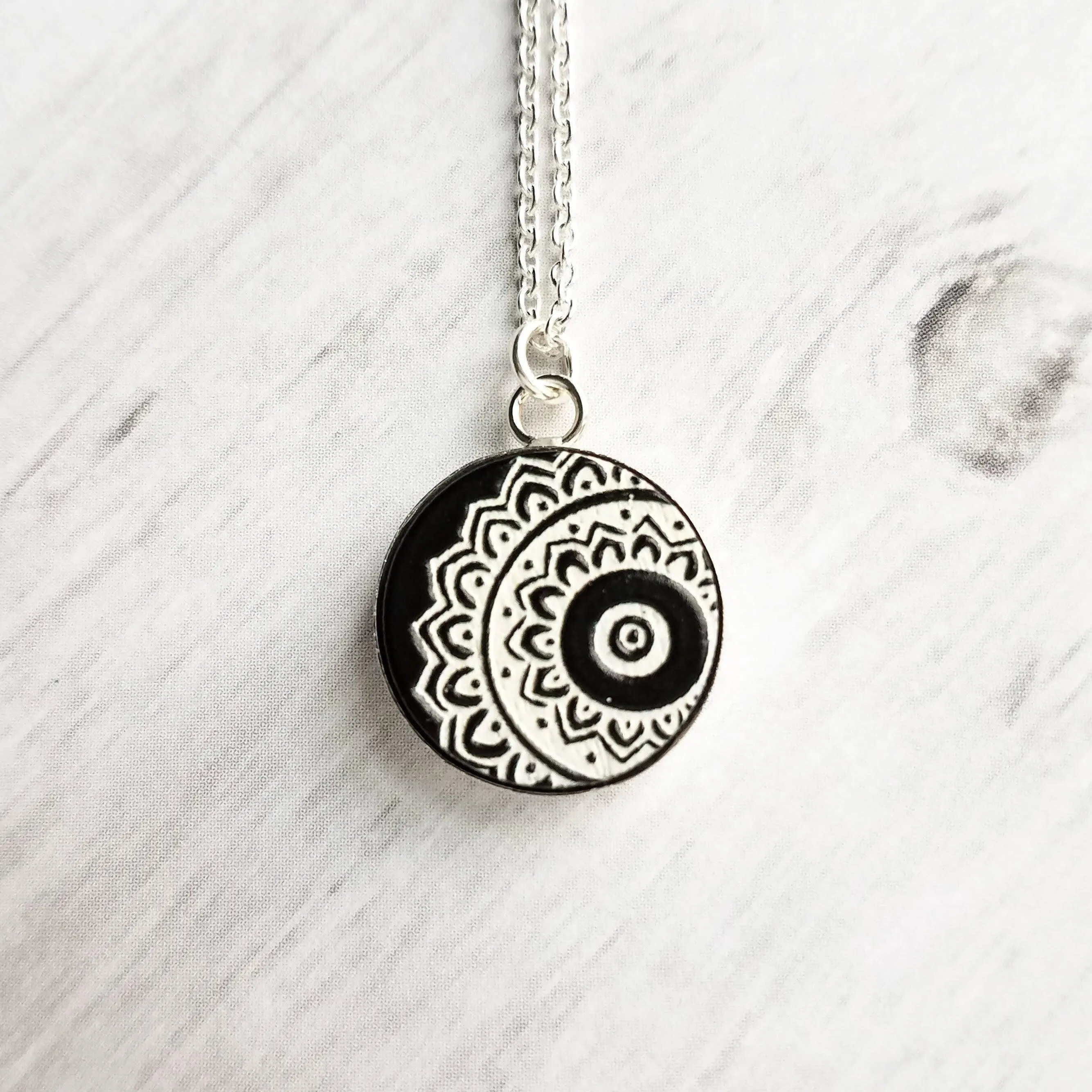 Mandala Necklace, black white necklace, mandala pendant, etched wood, yoga pendant, Hindu necklace, Buddhist, meditation symbol silver chain