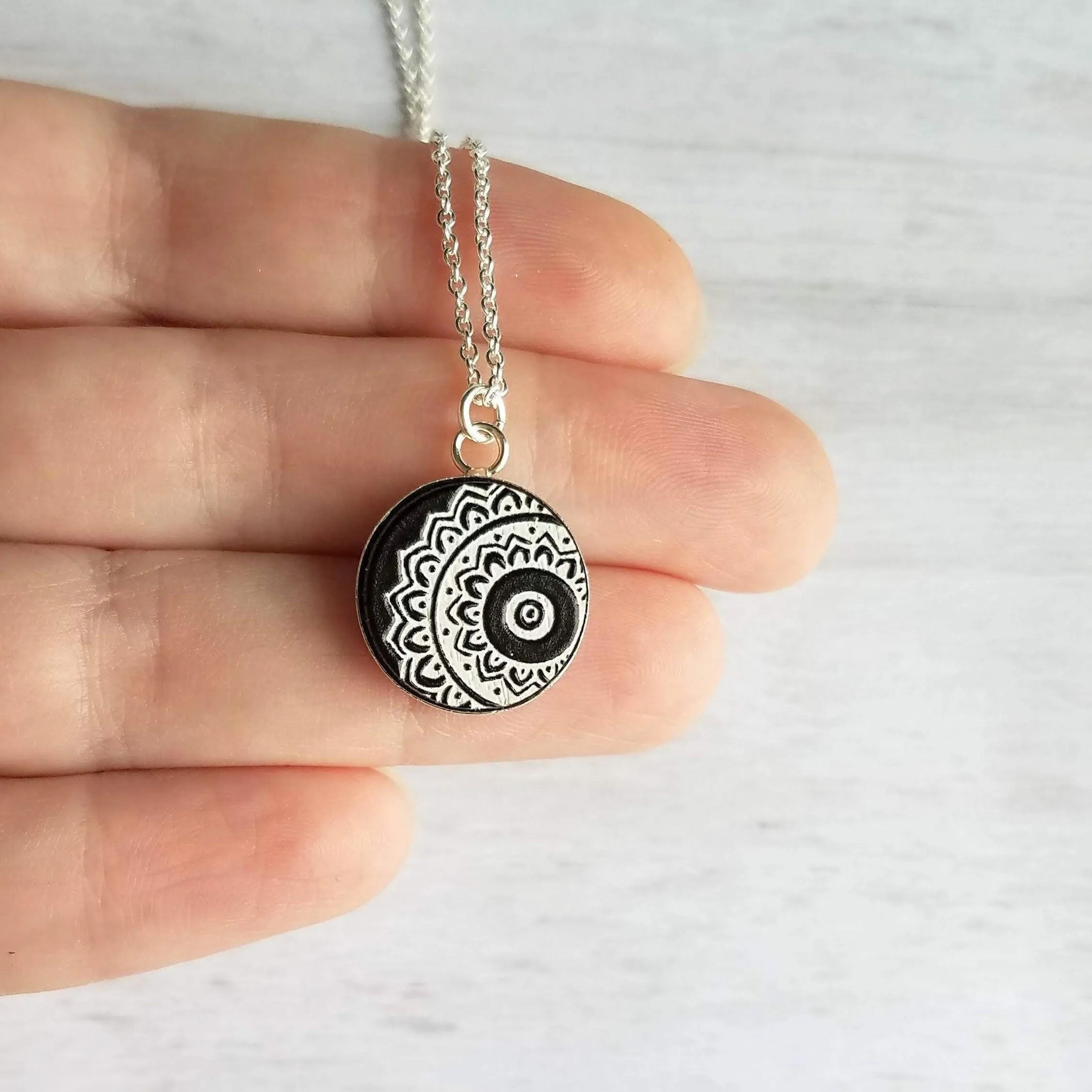 Mandala Necklace, black white necklace, mandala pendant, etched wood, yoga pendant, Hindu necklace, Buddhist, meditation symbol silver chain