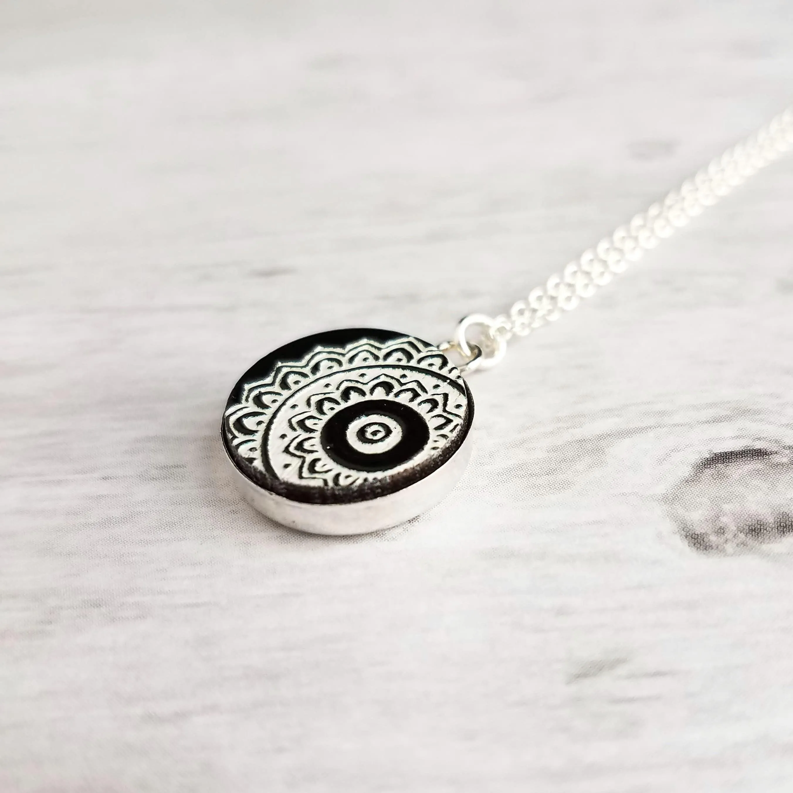 Mandala Necklace, black white necklace, mandala pendant, etched wood, yoga pendant, Hindu necklace, Buddhist, meditation symbol silver chain