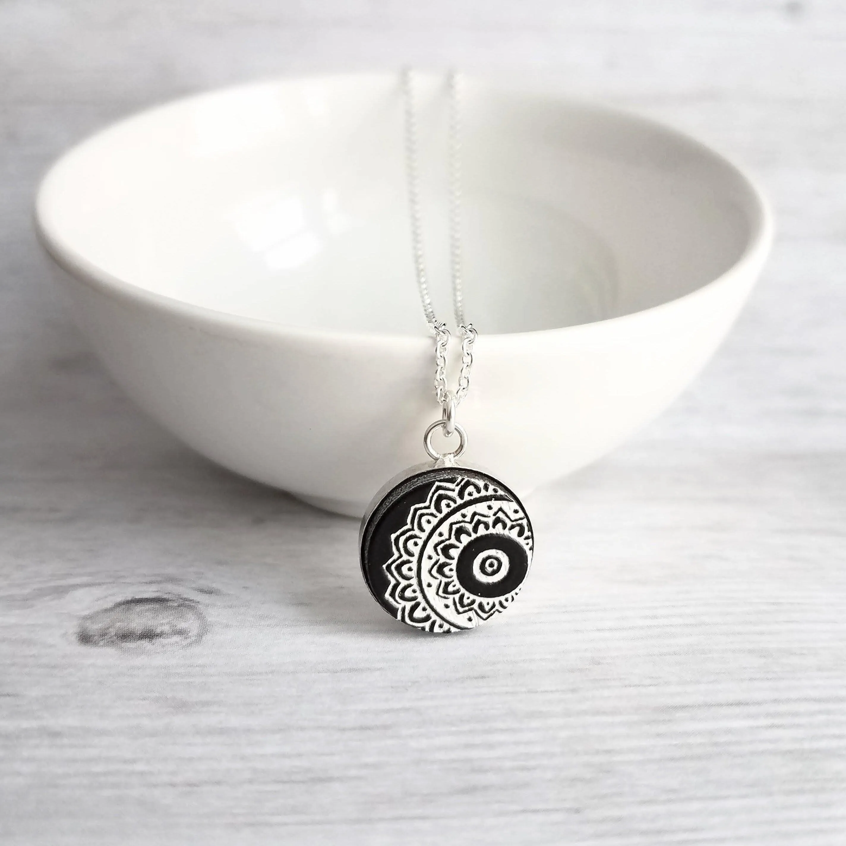 Mandala Necklace, black white necklace, mandala pendant, etched wood, yoga pendant, Hindu necklace, Buddhist, meditation symbol silver chain