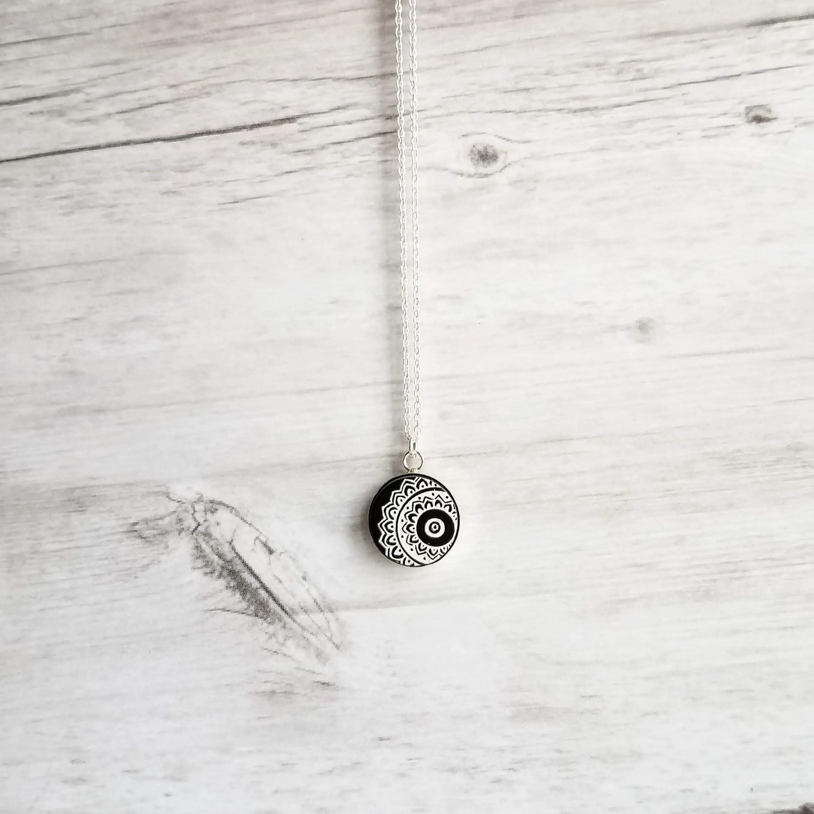 Mandala Necklace, black white necklace, mandala pendant, etched wood, yoga pendant, Hindu necklace, Buddhist, meditation symbol silver chain