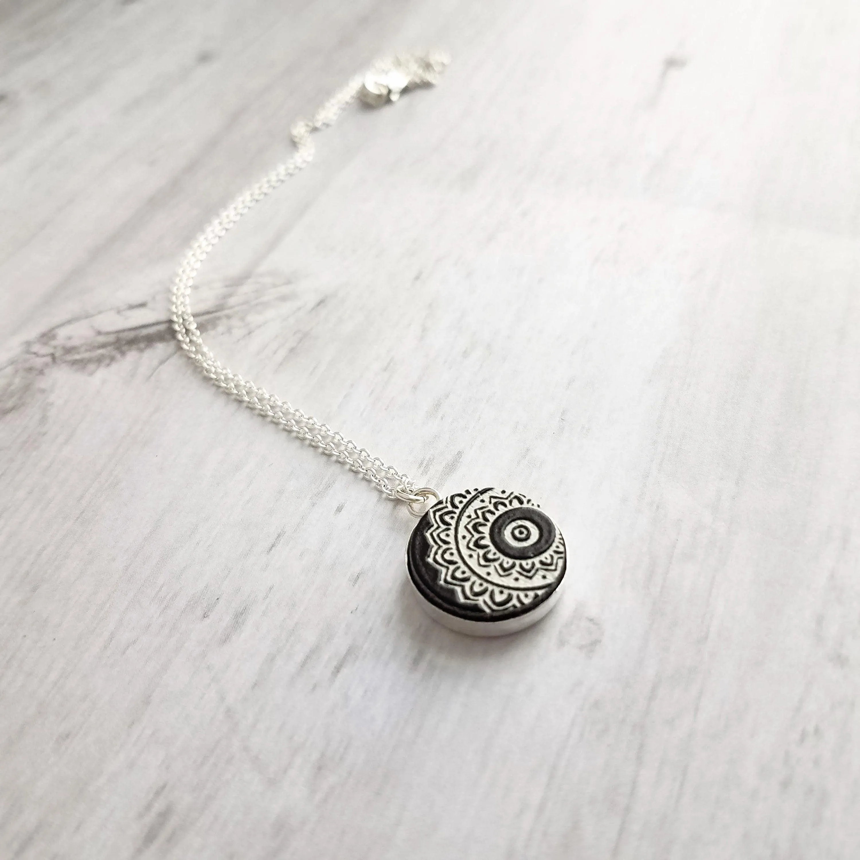 Mandala Necklace, black white necklace, mandala pendant, etched wood, yoga pendant, Hindu necklace, Buddhist, meditation symbol silver chain