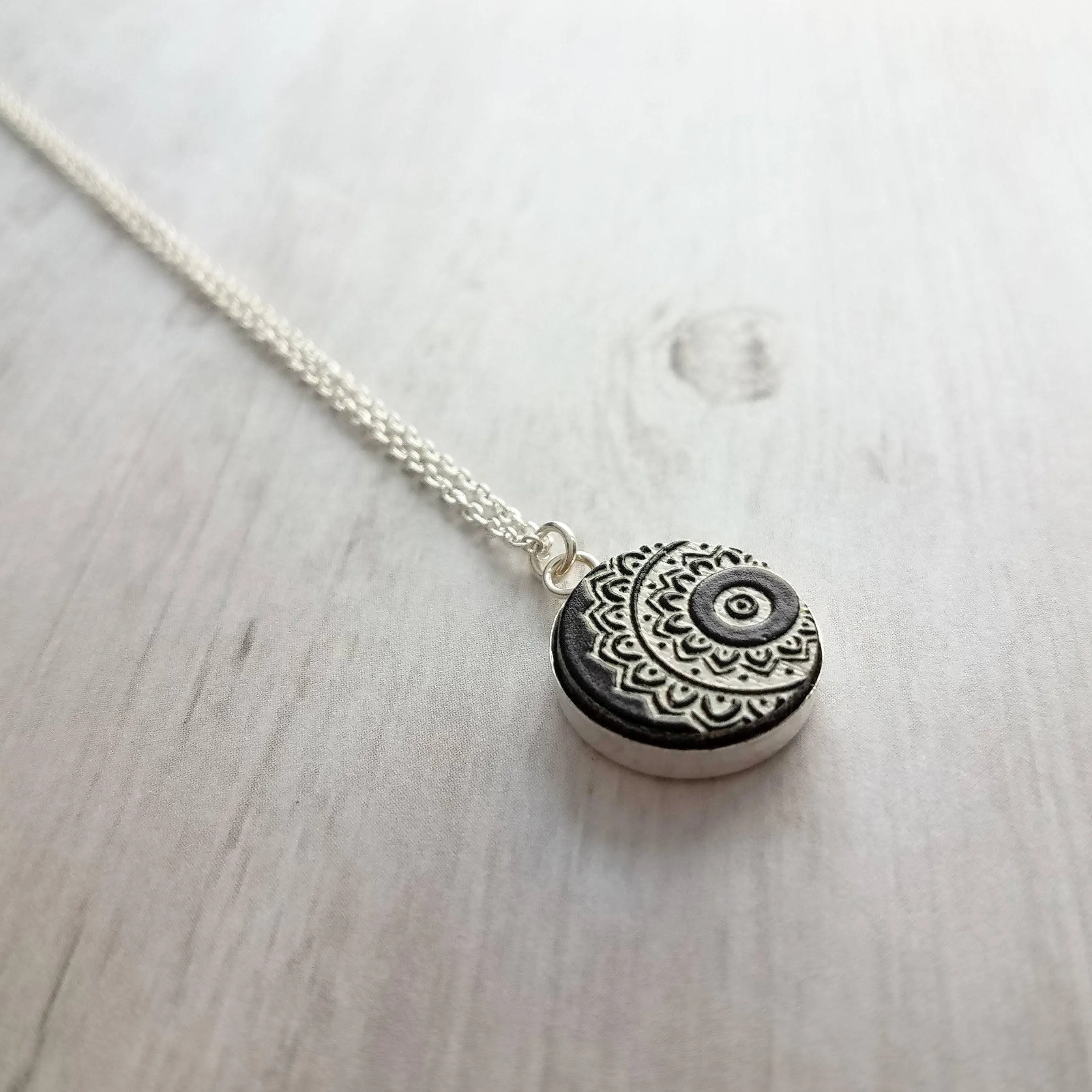 Mandala Necklace, black white necklace, mandala pendant, etched wood, yoga pendant, Hindu necklace, Buddhist, meditation symbol silver chain