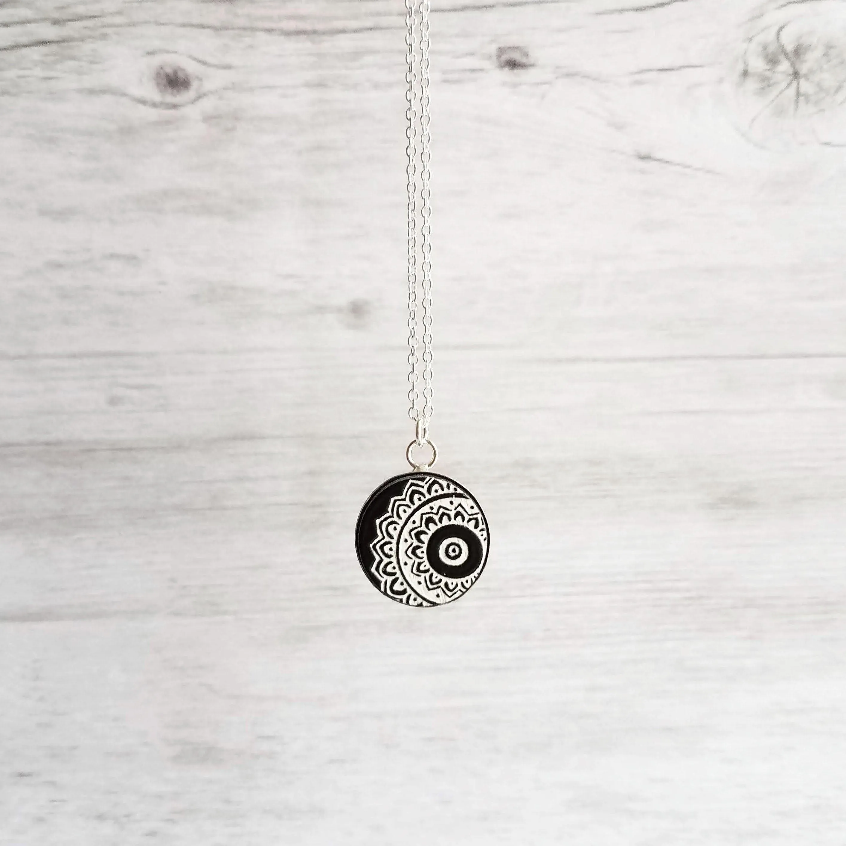 Mandala Necklace, black white necklace, mandala pendant, etched wood, yoga pendant, Hindu necklace, Buddhist, meditation symbol silver chain