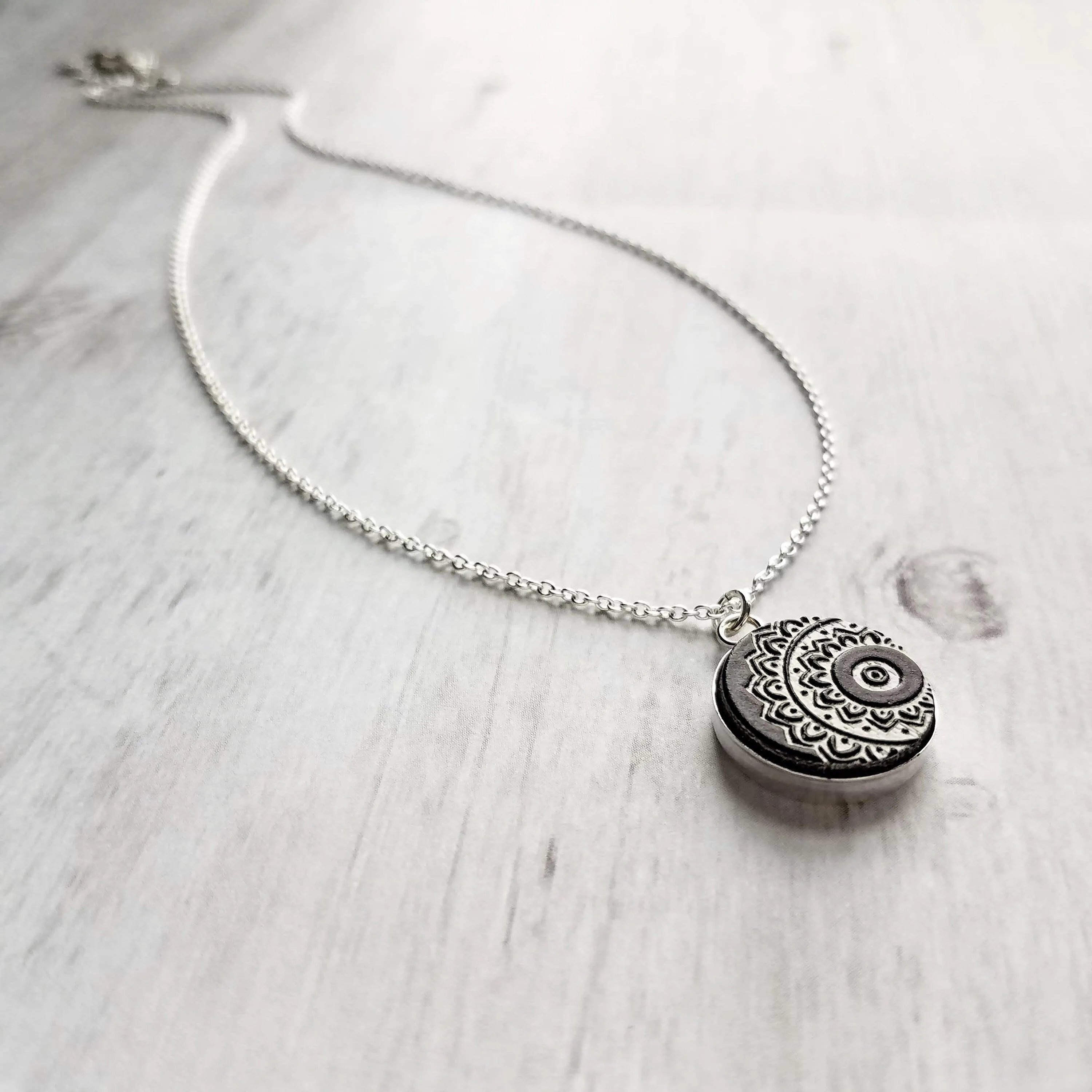 Mandala Necklace, black white necklace, mandala pendant, etched wood, yoga pendant, Hindu necklace, Buddhist, meditation symbol silver chain