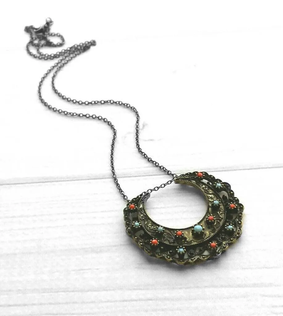 Medallion Necklace - blackened dark bronze/antique brass ox moon shape pendant - Bohemian ethnic tribal boho crescent - coral blue lacy
