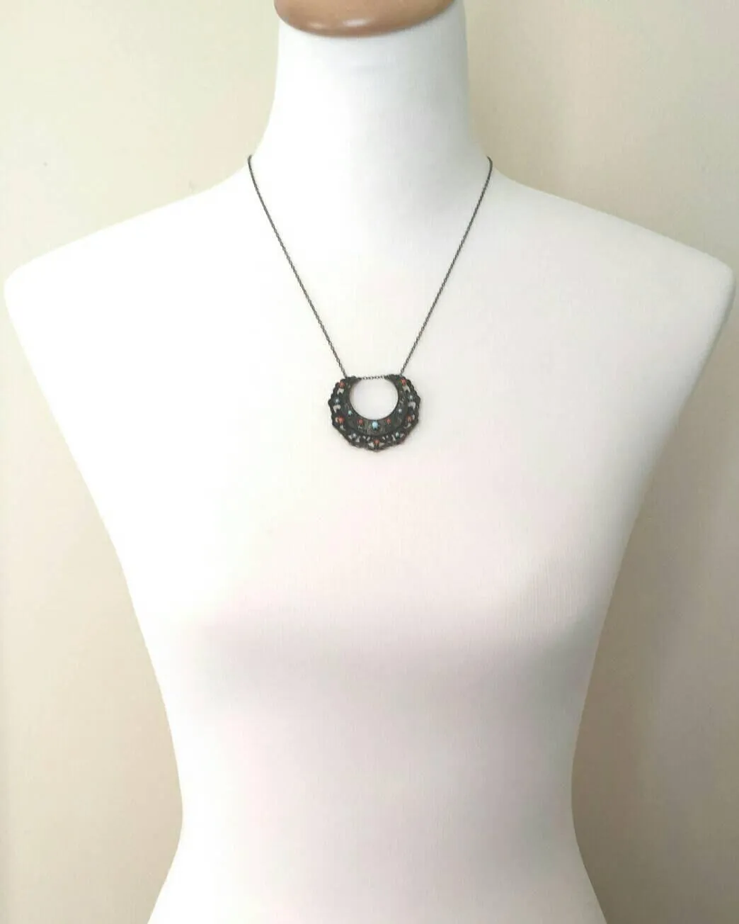 Medallion Necklace - blackened dark bronze/antique brass ox moon shape pendant - Bohemian ethnic tribal boho crescent - coral blue lacy