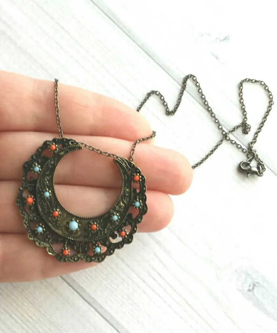 Medallion Necklace - blackened dark bronze/antique brass ox moon shape pendant - Bohemian ethnic tribal boho crescent - coral blue lacy